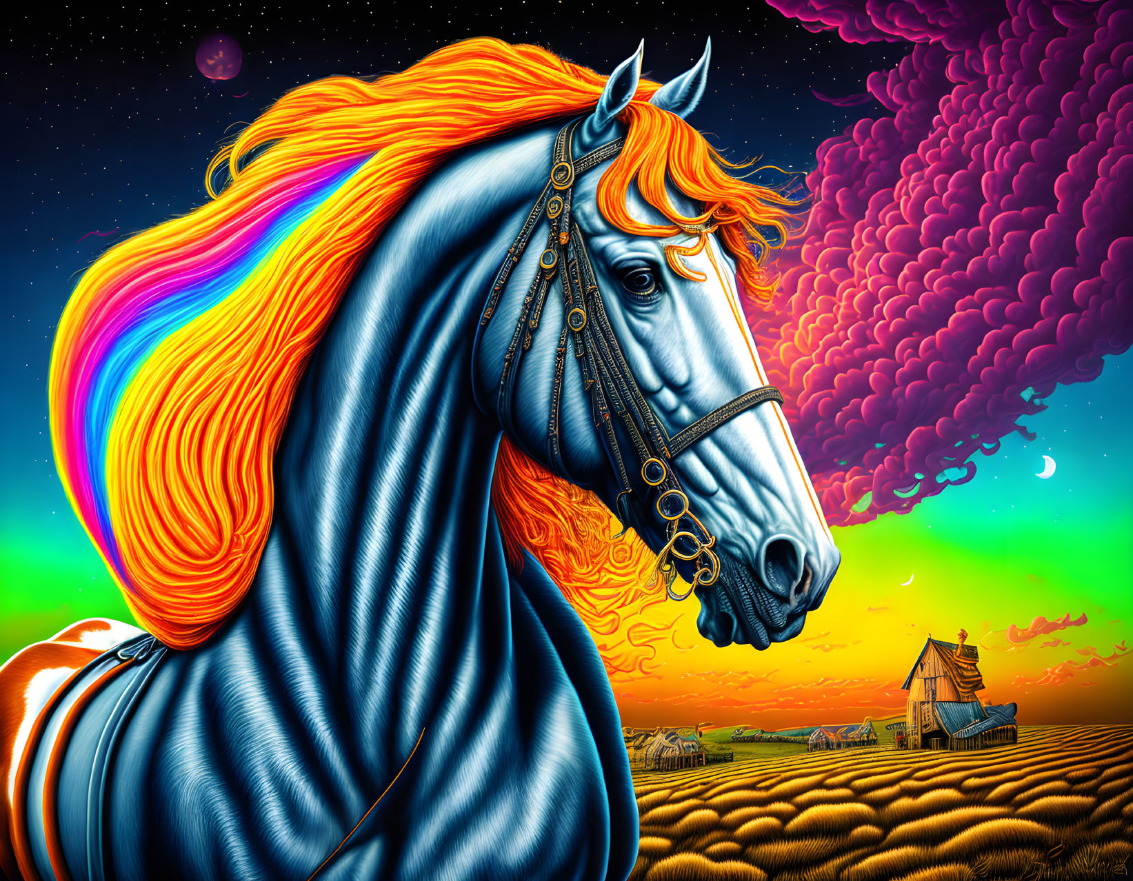 Colorful Horse Illustration with Rainbow Mane in Surreal Countryside Landscape