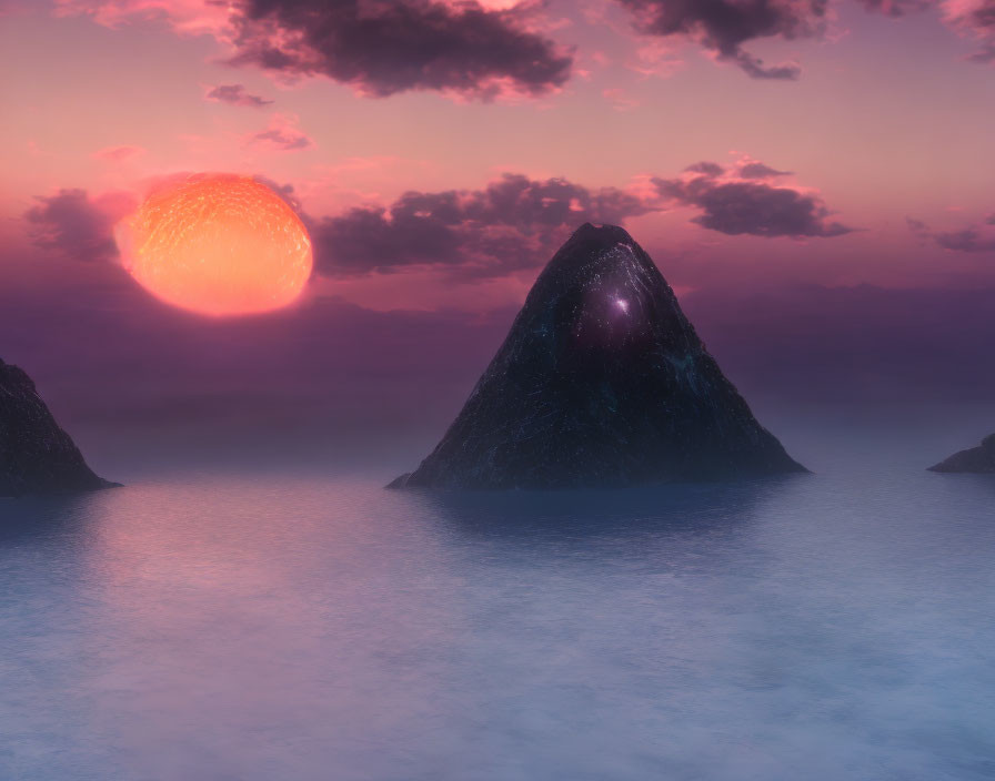 Serene sunset beside solitary mountain peak in misty waters under purple sky