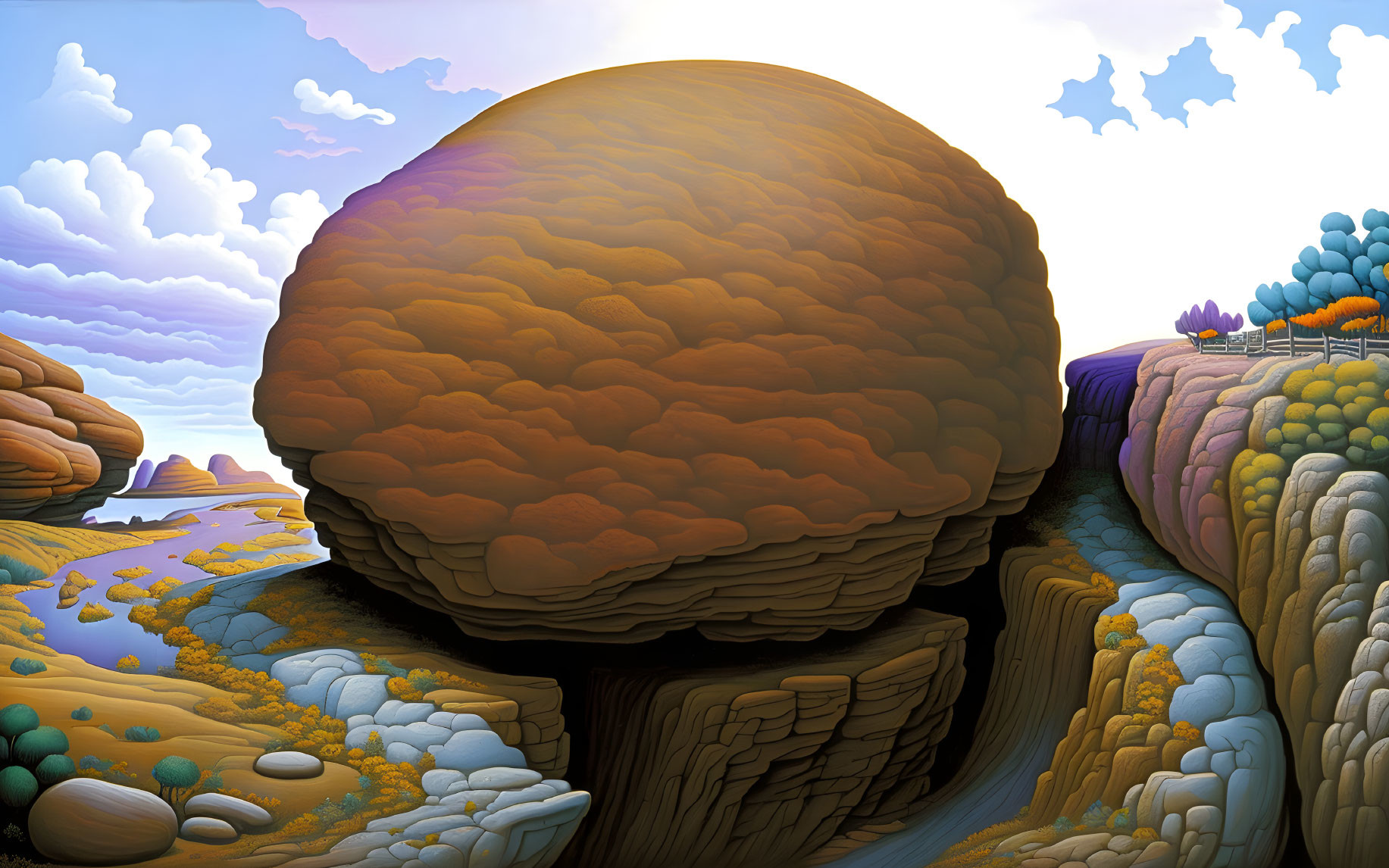 Textured dome rock formation overlooking canyon with water and cliffs under blue sky