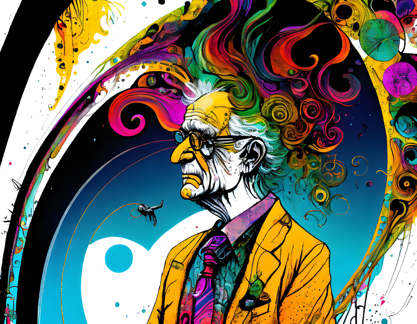 Vibrant abstract portrait of an older man with swirling patterns and a bee.