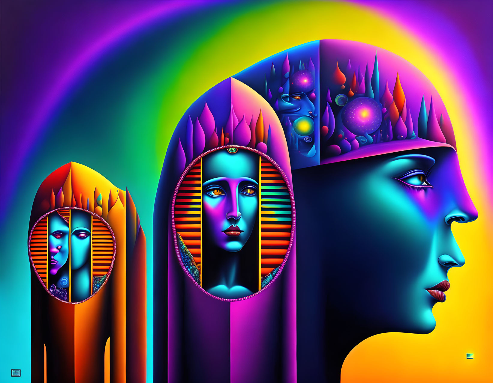 Vibrant surreal artwork: Three Egyptian-style profile faces on rainbow background