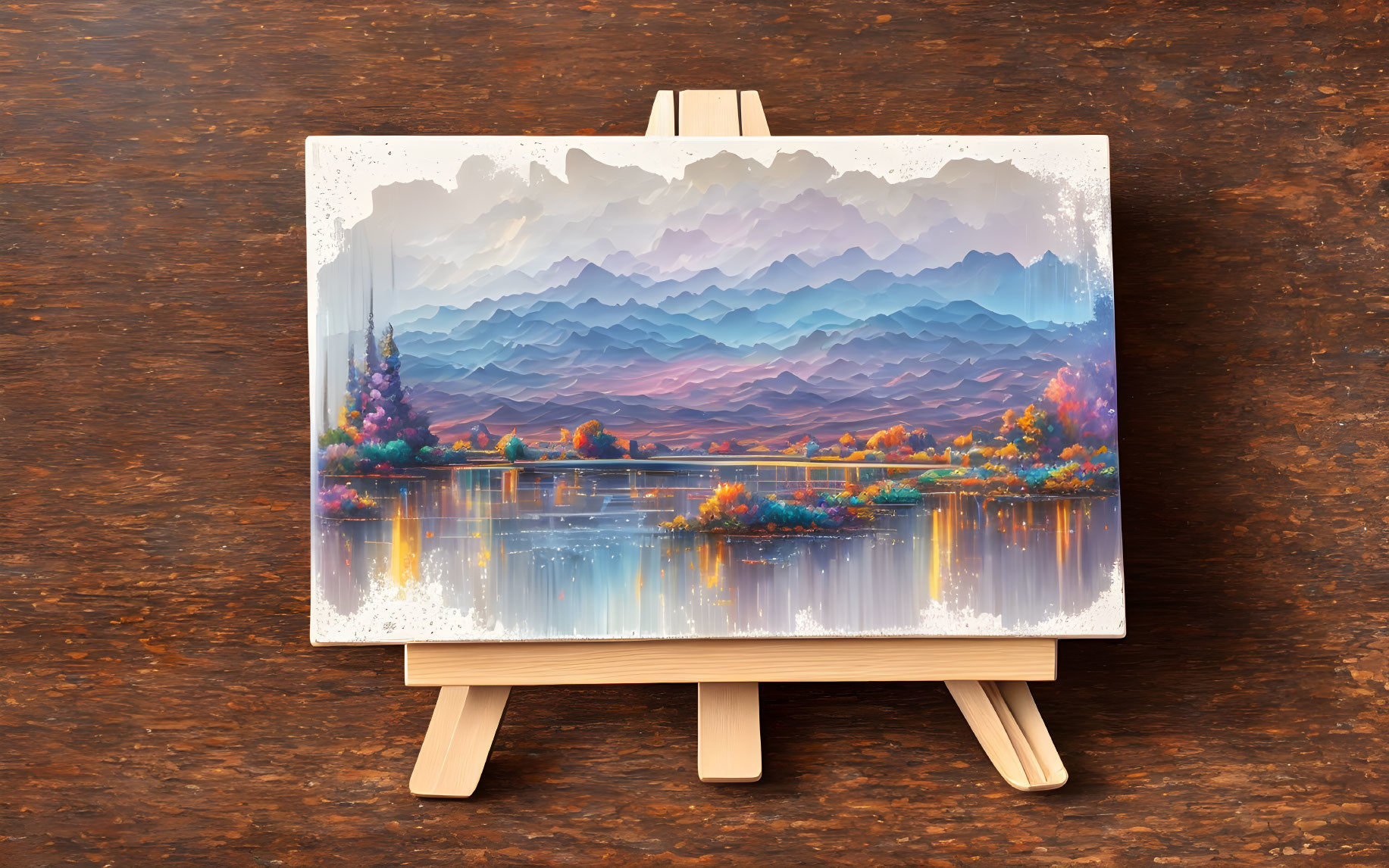 Colorful landscape painting with layered mountains and reflective lake