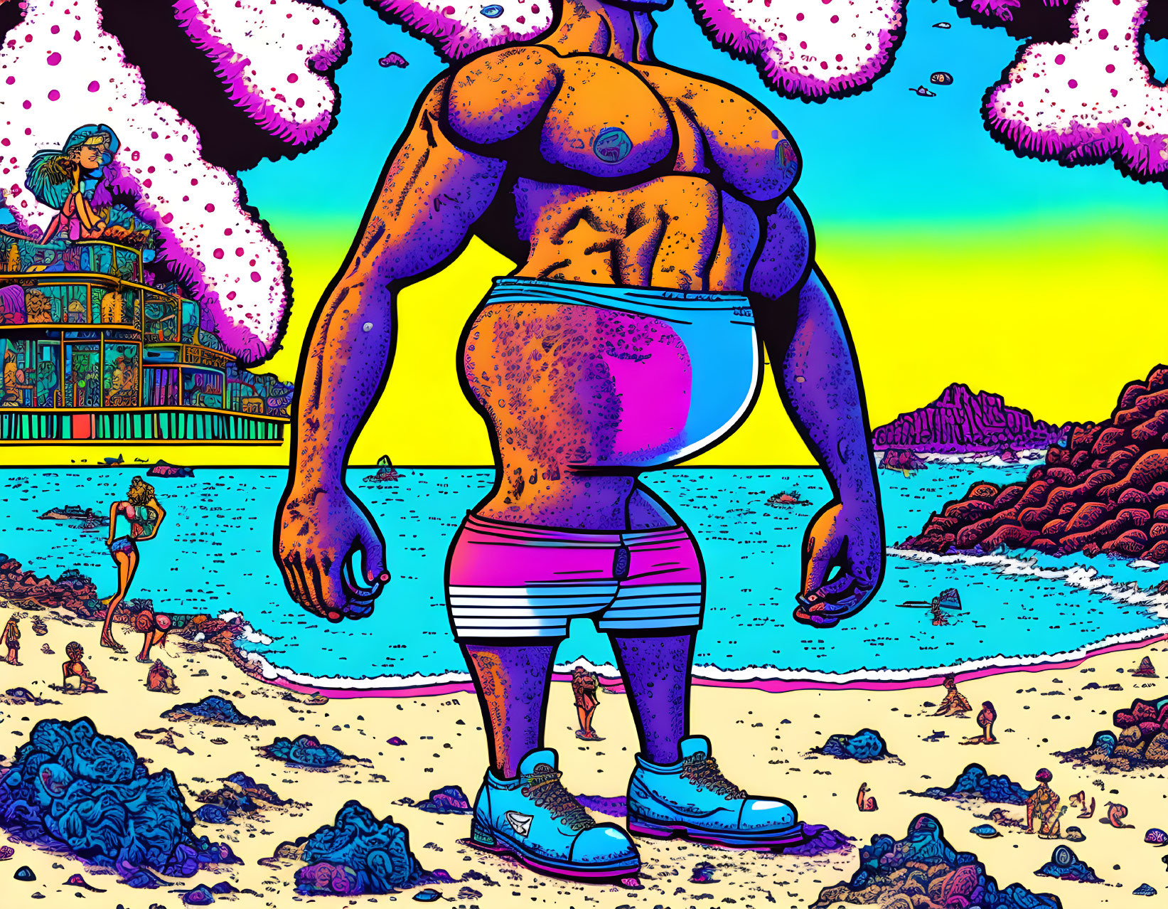 Colorful psychedelic illustration of muscular figure on beachscape