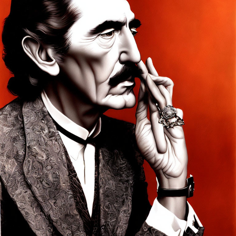 Stylized portrait of a man with mustache in patterned suit