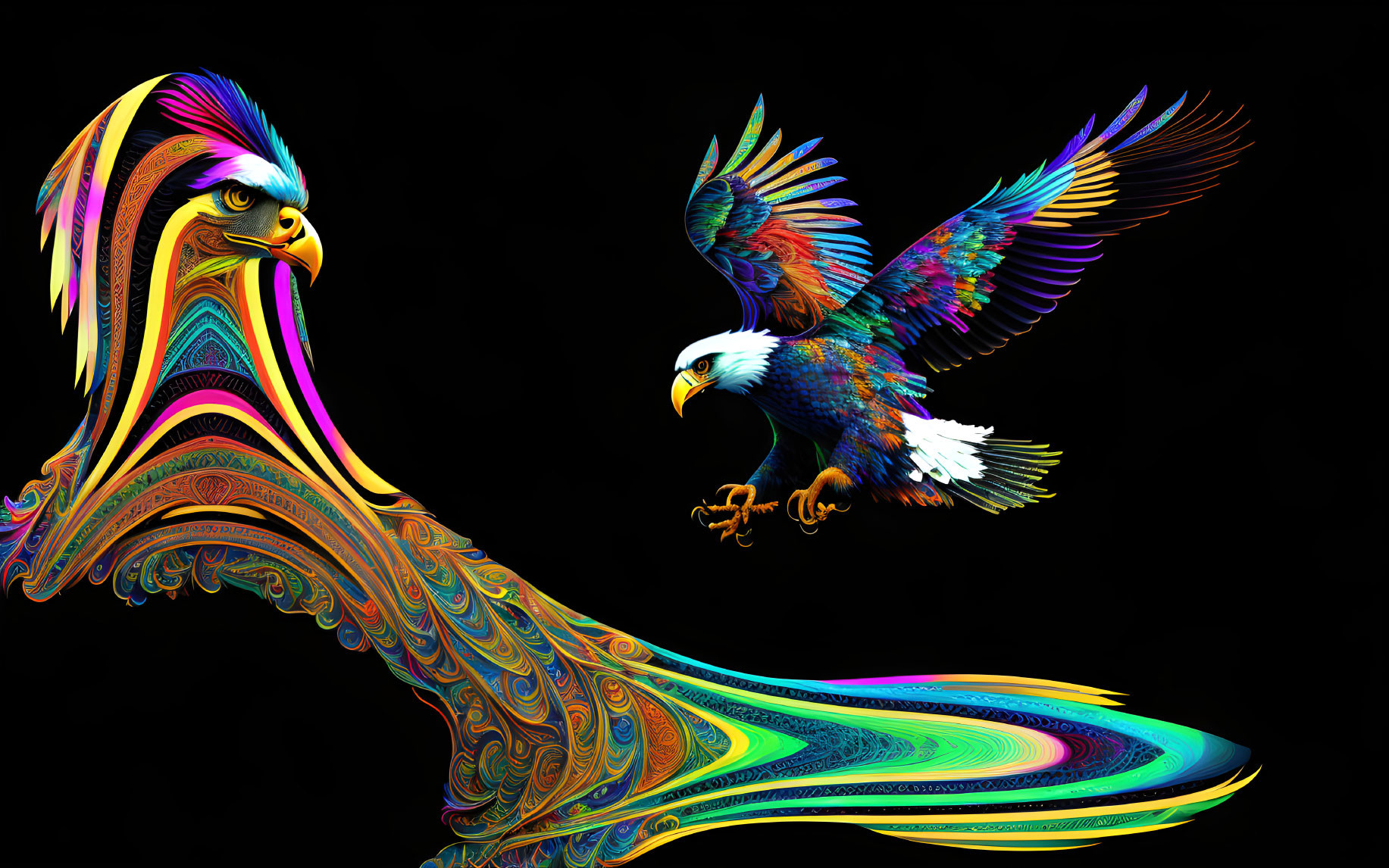 Abstract Eagle Artwork with Vibrant Colors on Black Background