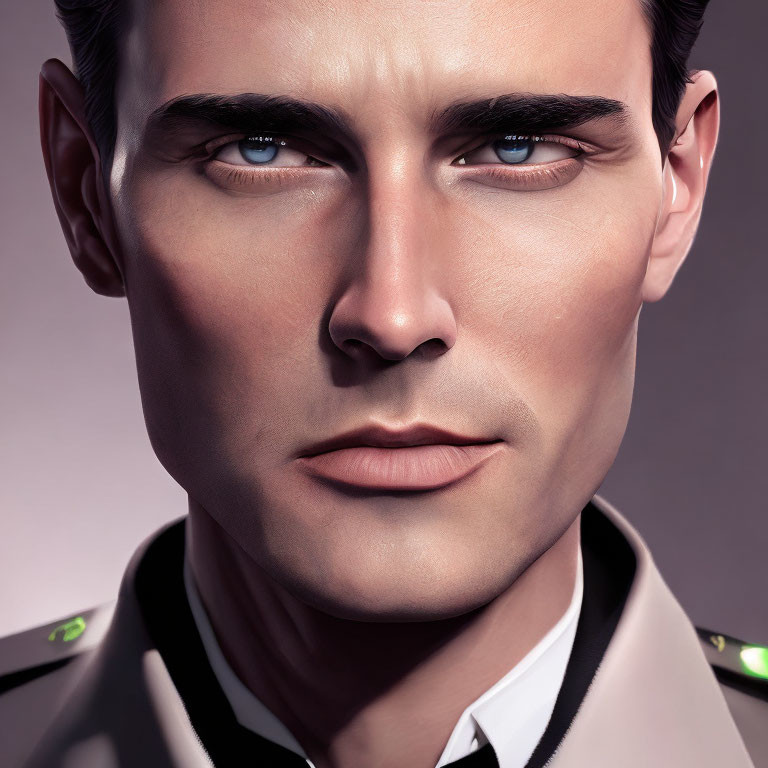 Detailed illustration of man with sharp features and intense blue eyes in military uniform