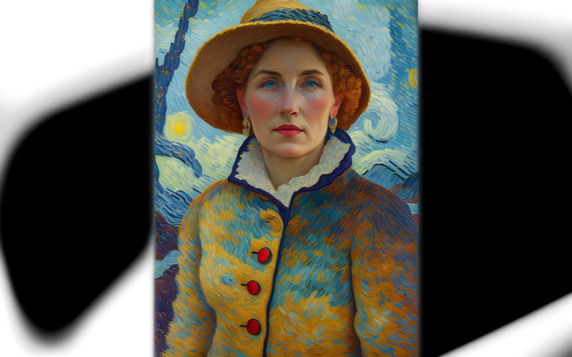 Red-haired woman in straw hat and yellow coat against Van Gogh-style starry night.