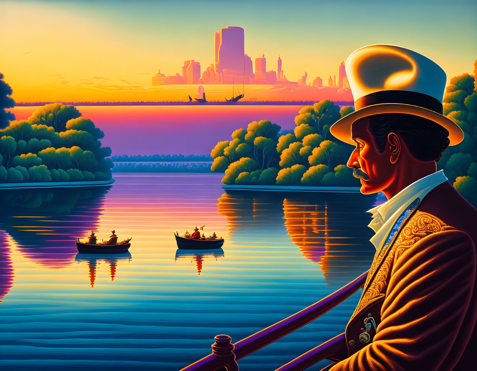 Vintage suit and hat man by serene river at sunset