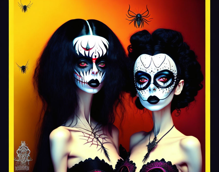 Two women with dramatic skull makeup and dark hair in spider-themed setting.