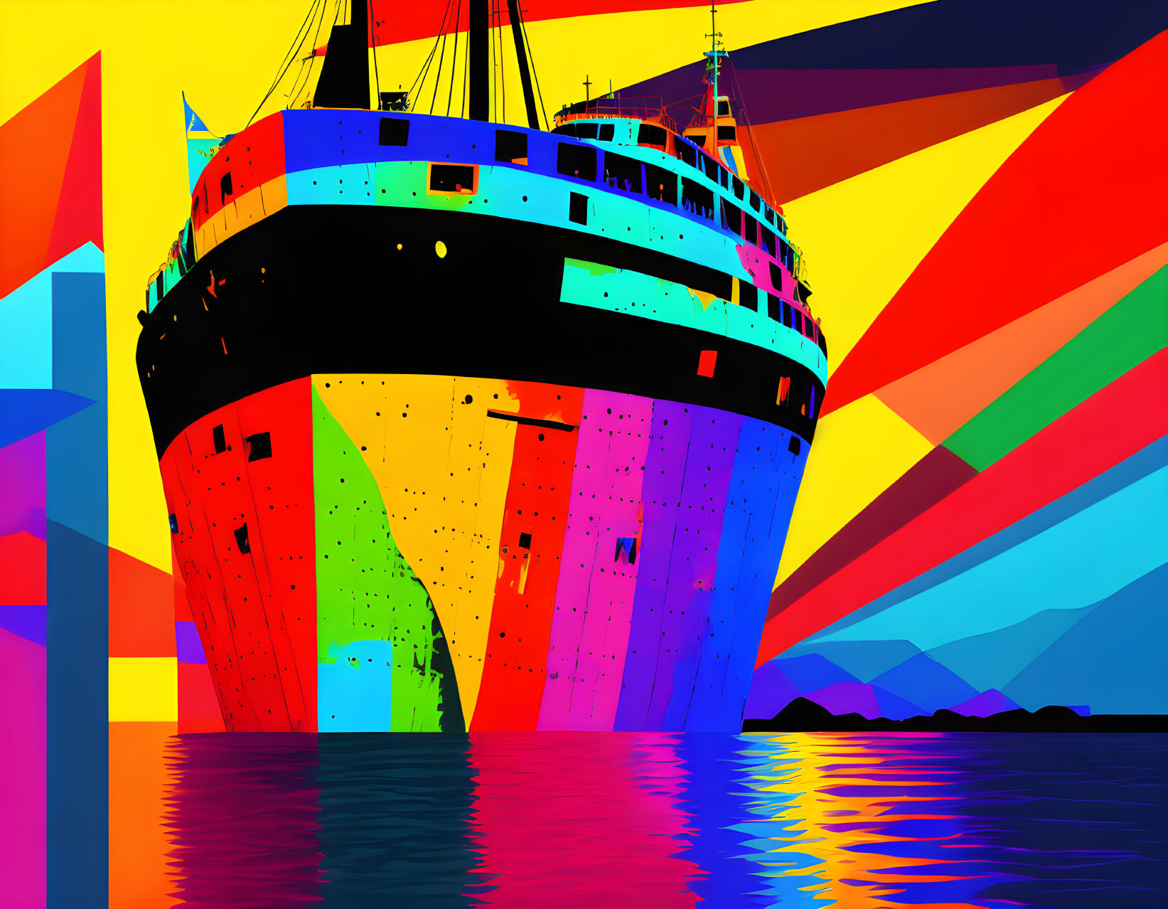 Colorful abstract art: Multicolored cargo ship on geometric background with reflections and mountains.