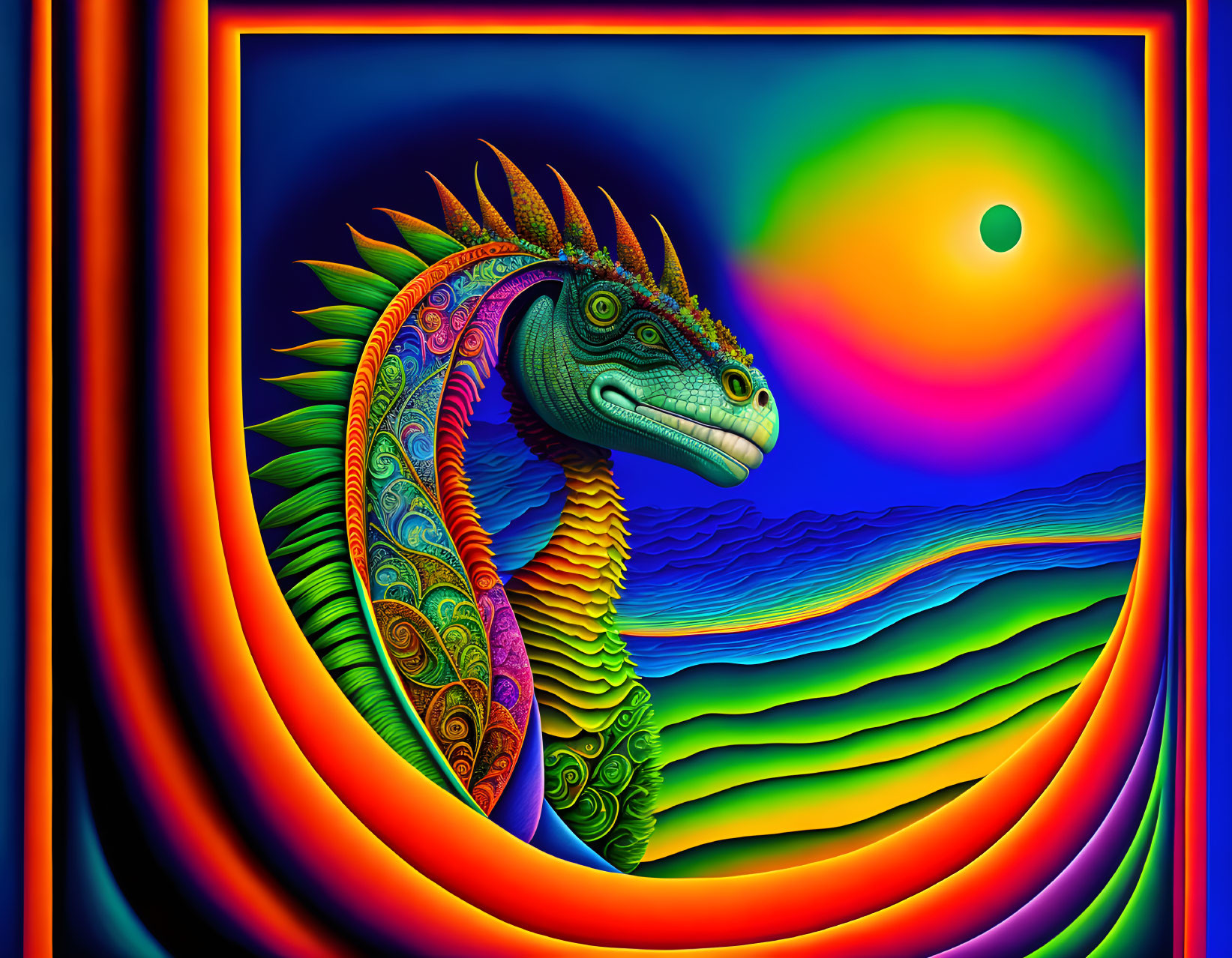 Colorful Psychedelic Dragon Illustration on Sunset Ocean Background