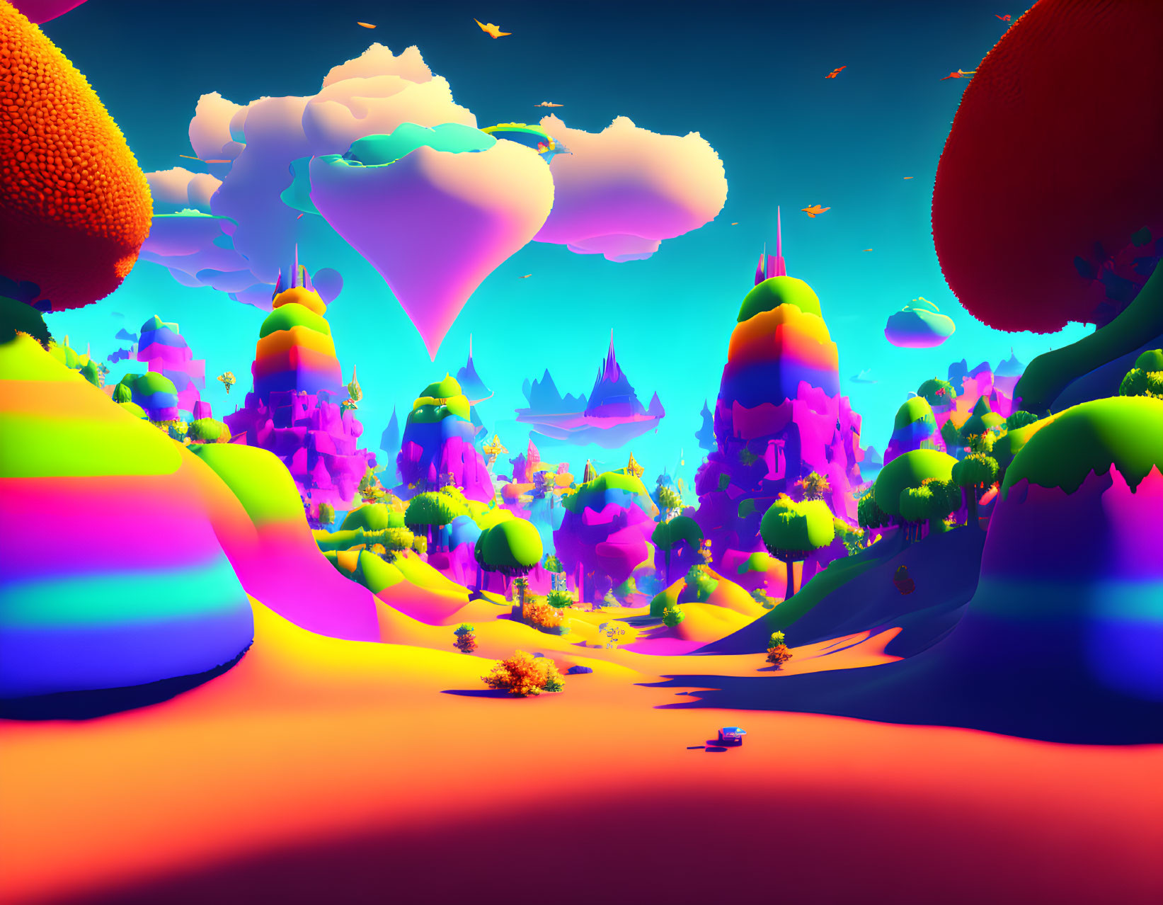 Multicolored terrain, whimsical flora, floating islands in vibrant landscape