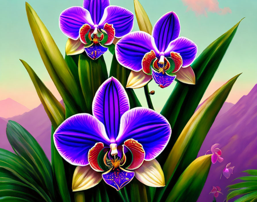 Colorful purple and blue orchids with green leaves on pink and blue dusk sky