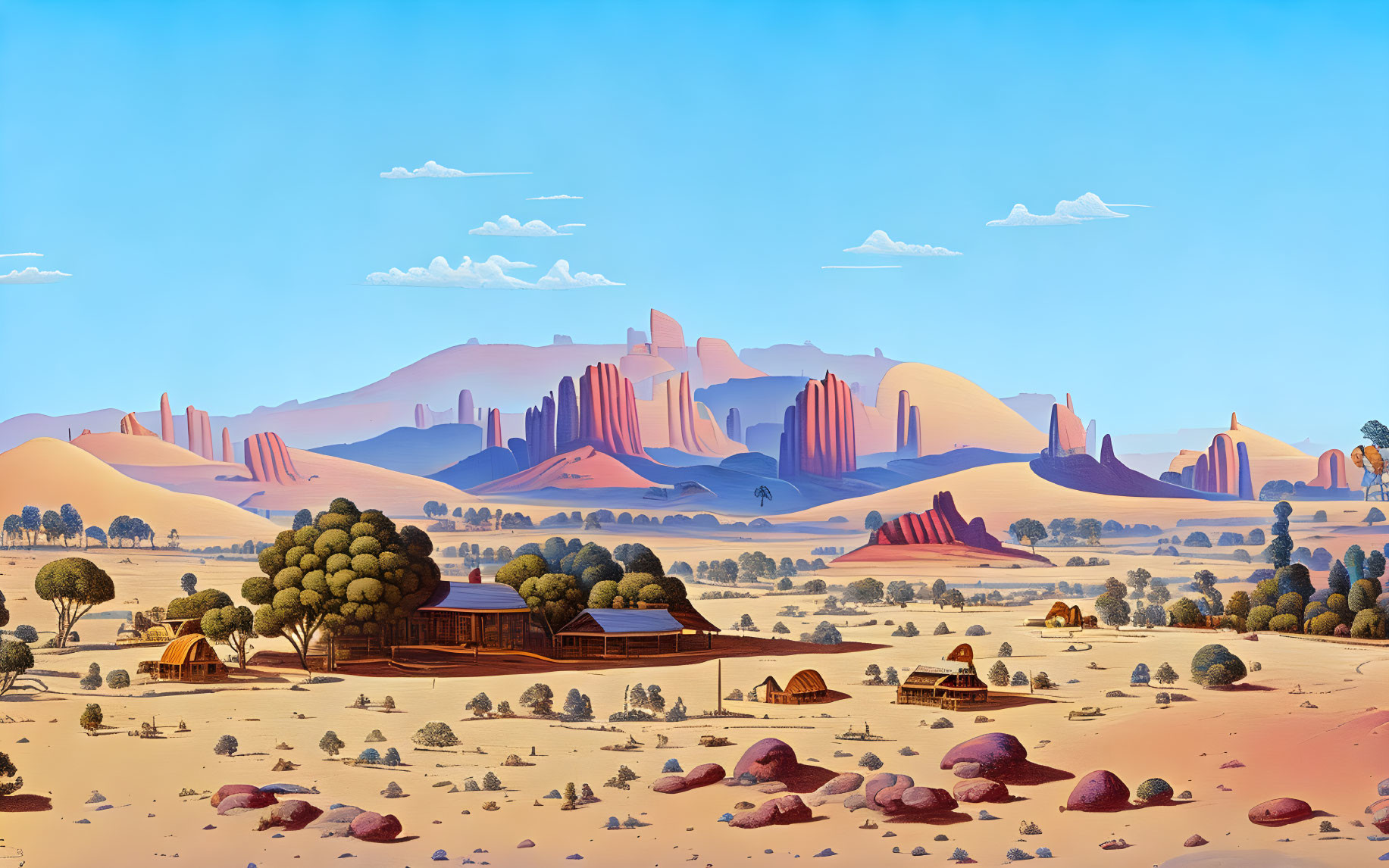 Vibrant digital artwork: Desert landscape with dunes, settlement, rocks, and mountains