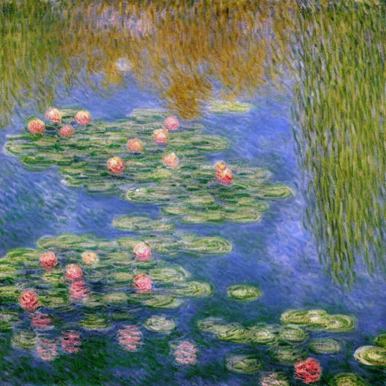 Tranquil pond with water lilies in soft pink, green, and blue tones