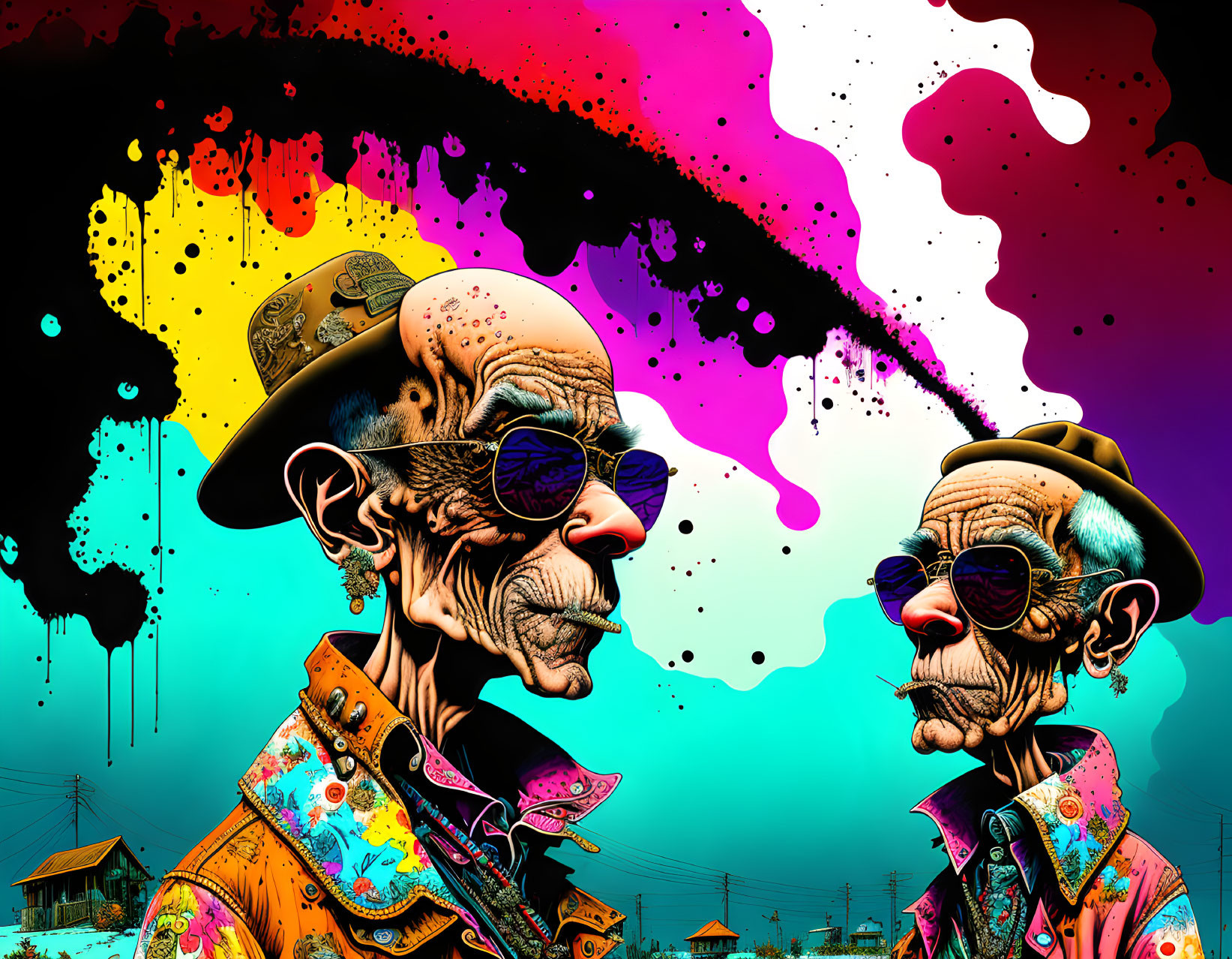 Stylized elderly male figures in funky outfits against colorful splatter paint background