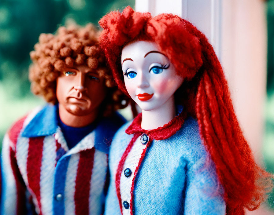 Two dolls with vibrant red hair in blue and red striped outfits by a window