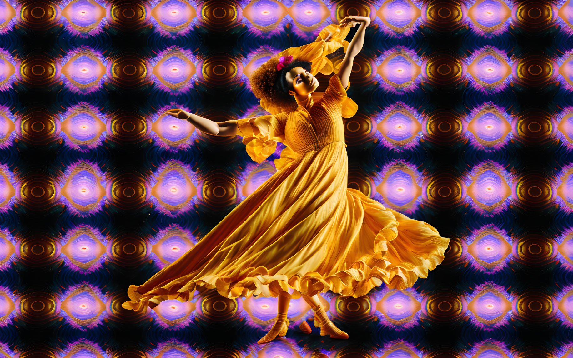 Graceful dancer in swirling yellow dress against vibrant peacock feather background