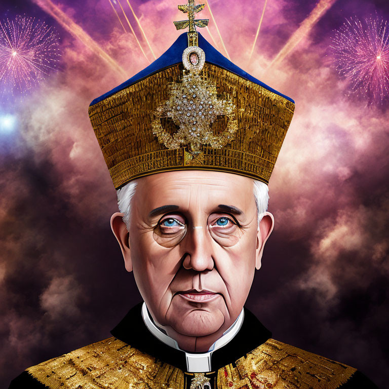 Man in ornate religious attire with mitre against fireworks backdrop