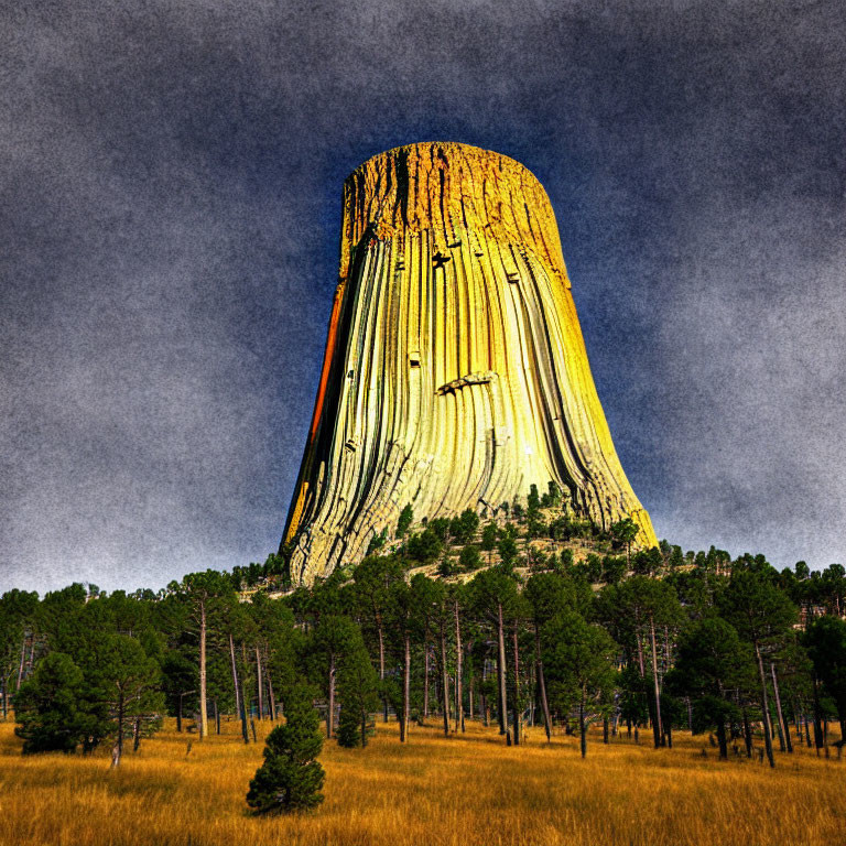 Iconic Devils Tower Volcanic Rock Formation Above Forest Under Overcast Sky