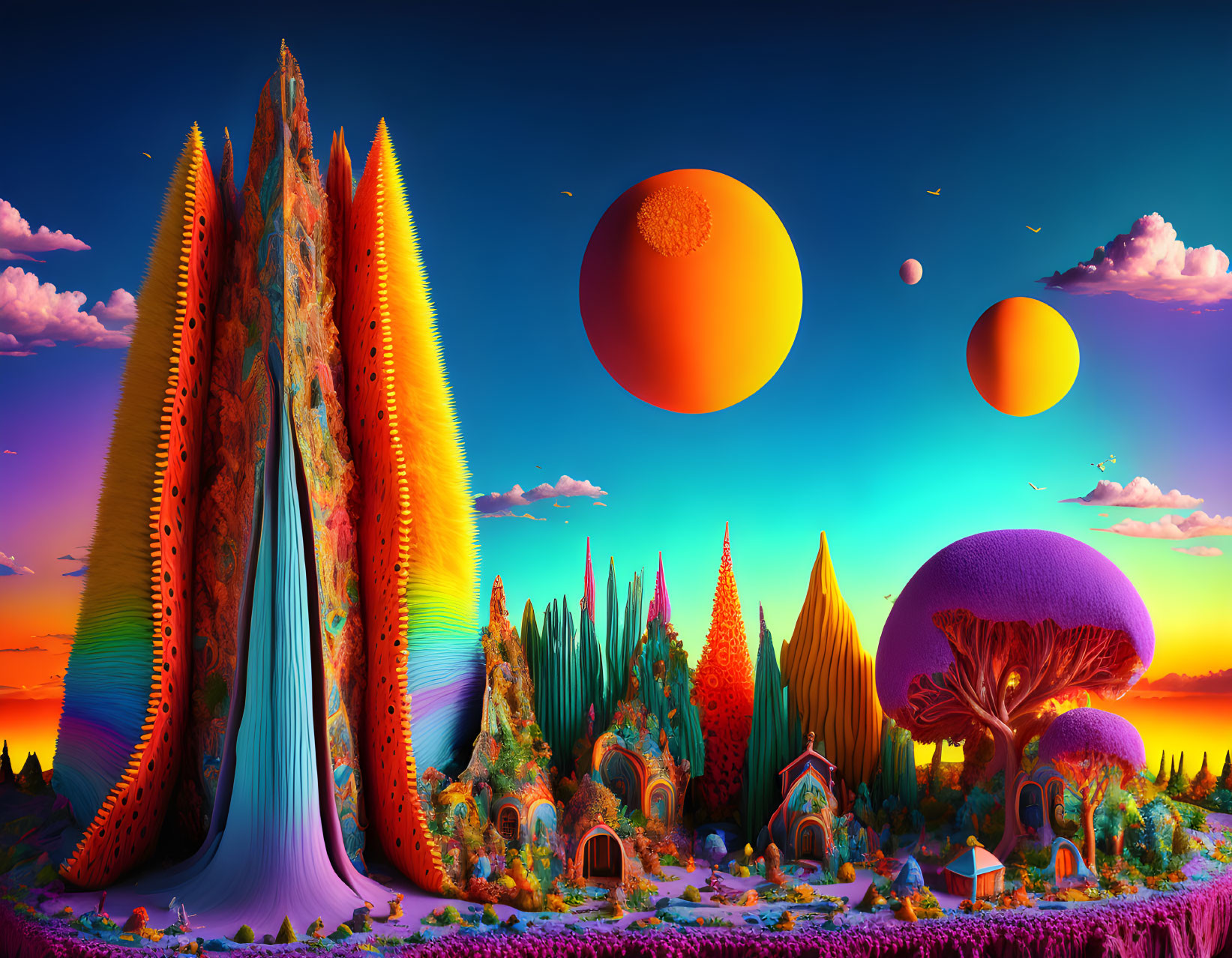 Colorful surreal landscape with towering spires, oversized mushrooms, and floating orbs.