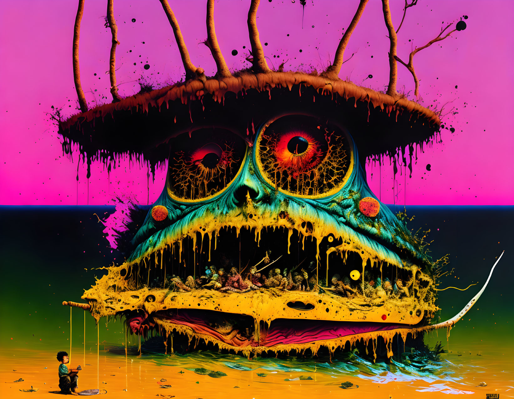 Colorful psychedelic artwork: surreal skull entity, child fishing by calm sea