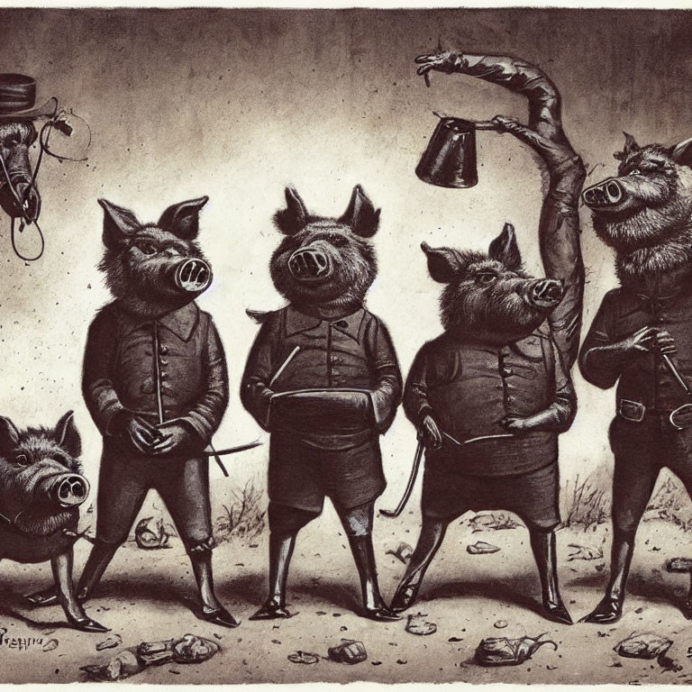 Five anthropomorphic pigs in vintage suits posing against textured background