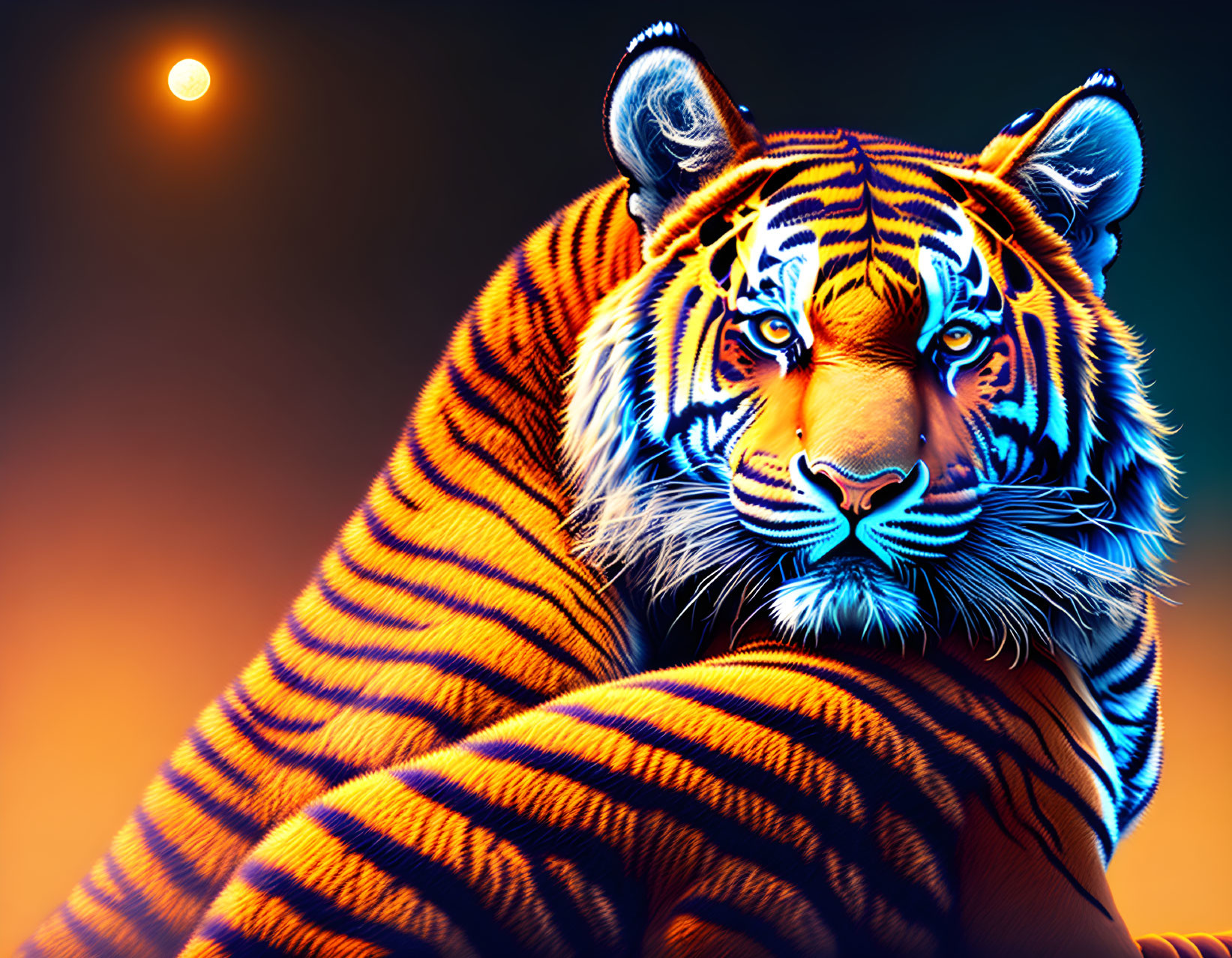 Colorful digital artwork: Tiger on orange and blue gradient with sun.