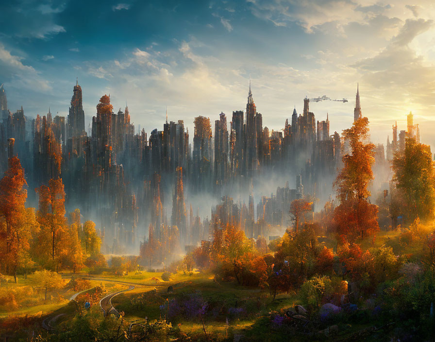 Fantastical cityscape merges with autumn forest and airships in dramatic sky