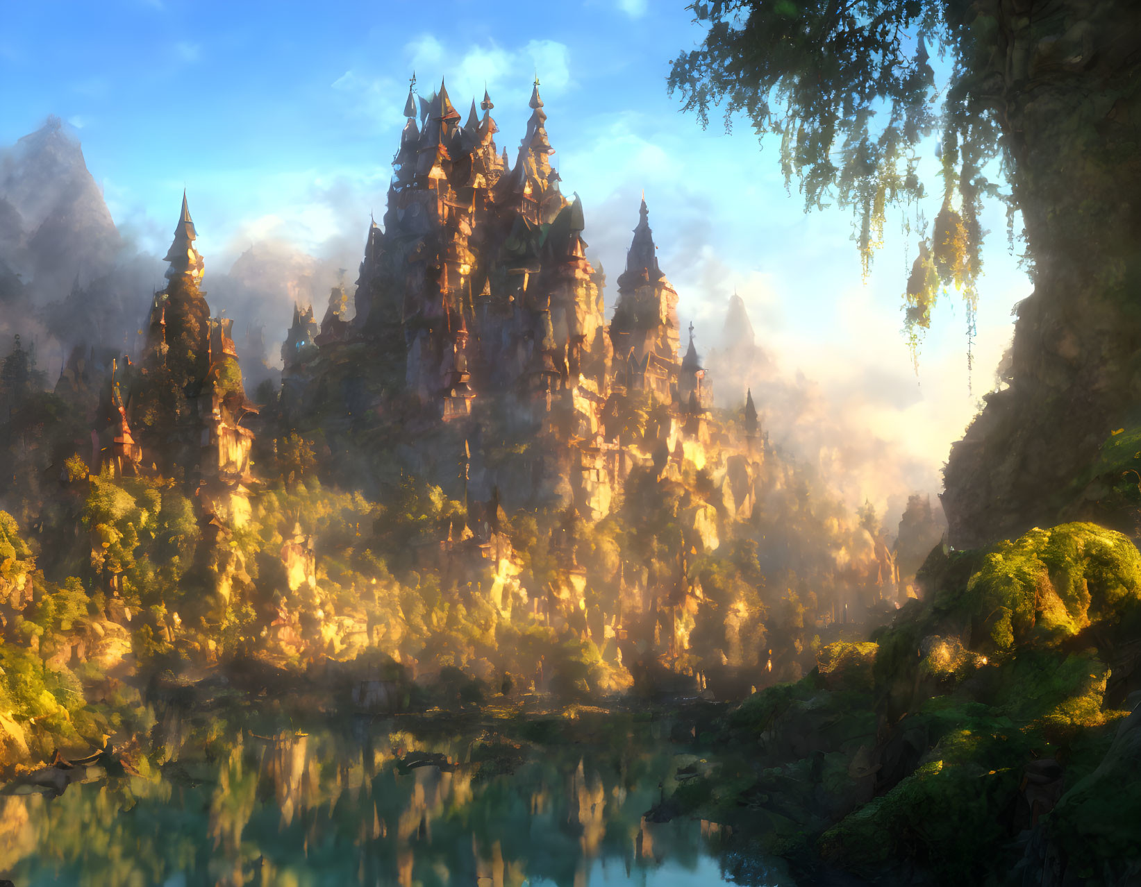 Majestic castle in sunlit fantasy landscape surrounded by misty forests and tranquil lake