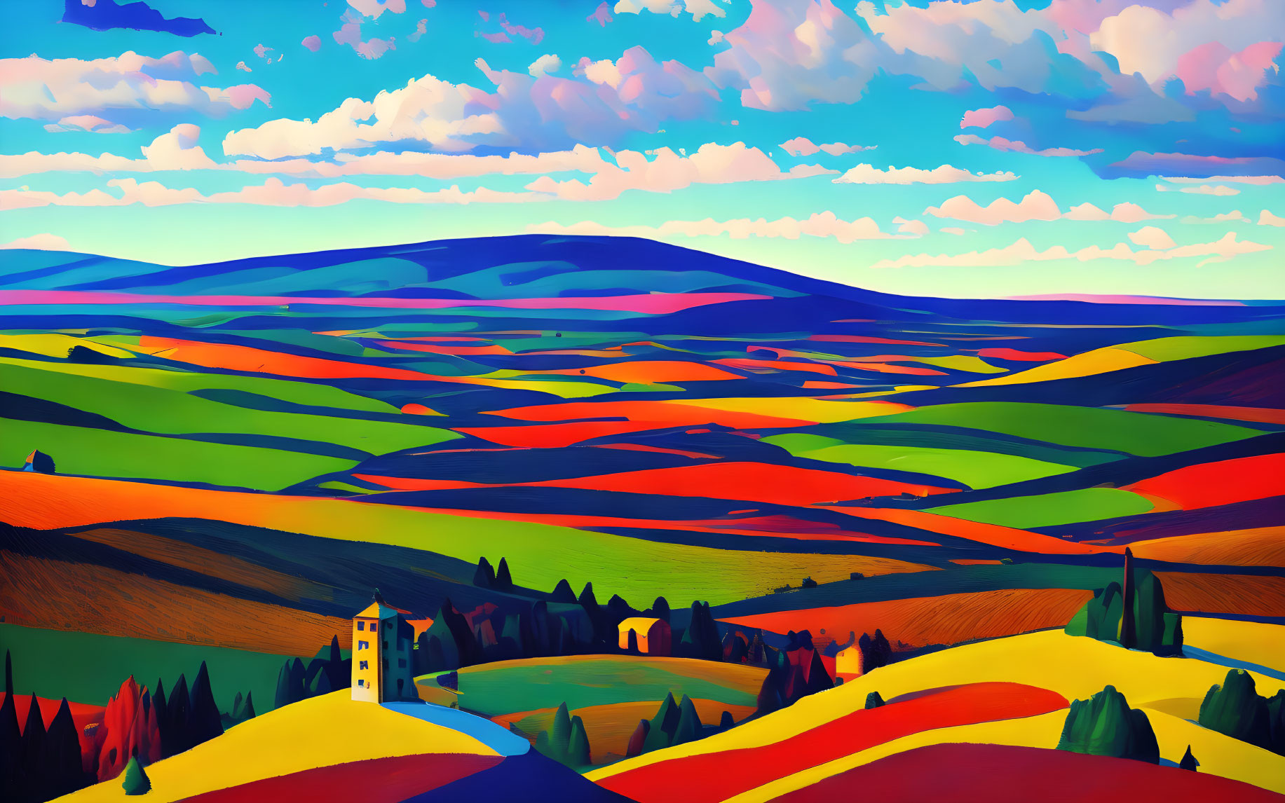 Colorful Stylized Landscape with Rolling Hills and Tower