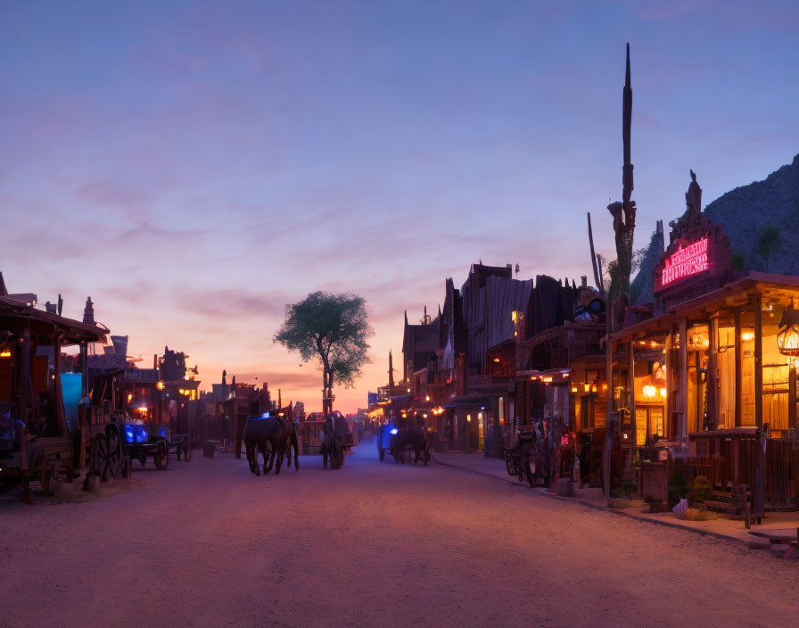 Western street at twilight with horse-drawn carriages, wooden storefronts, and a neon sign.