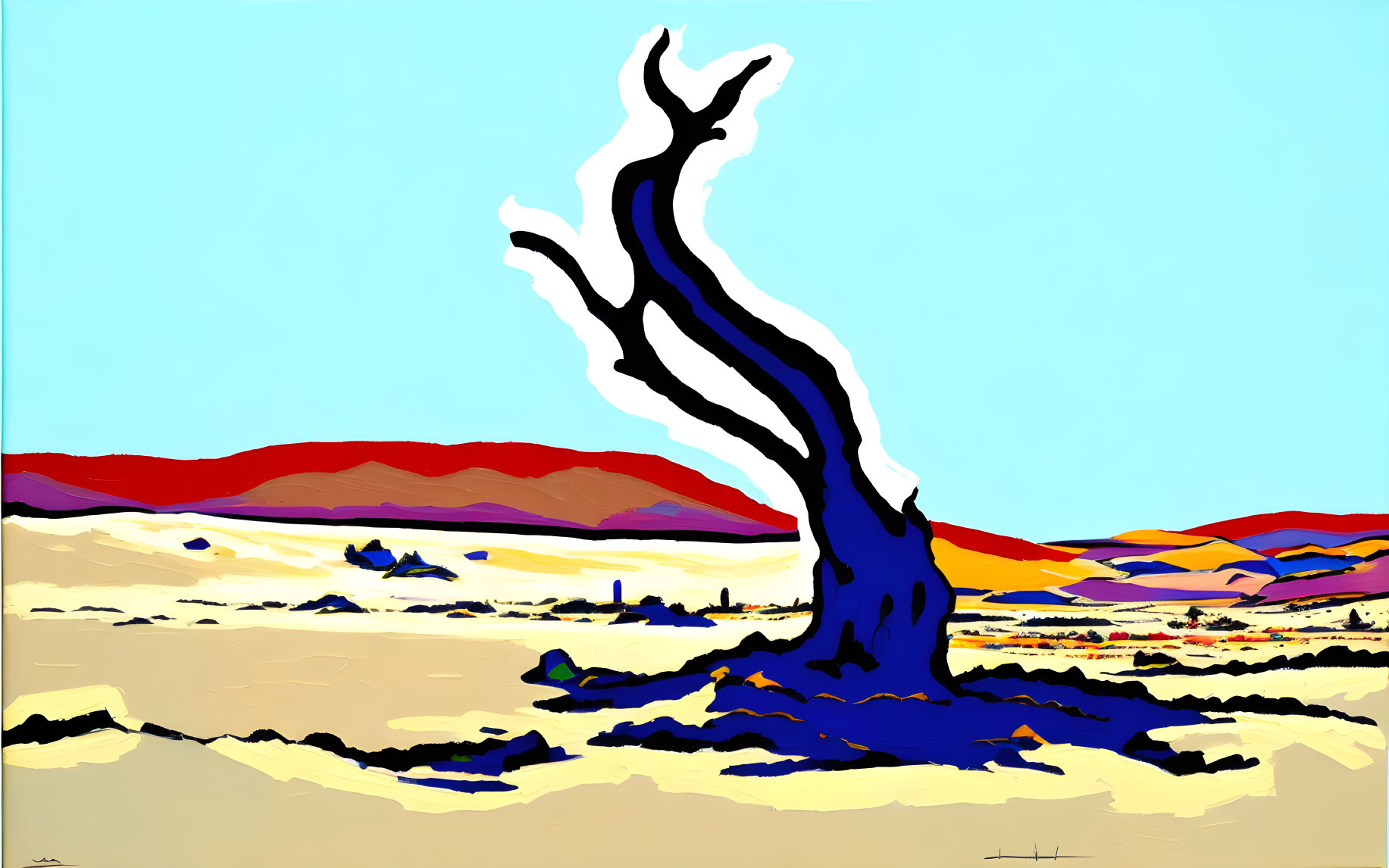 Colorful Painting of Desolate Landscape with Dead Tree