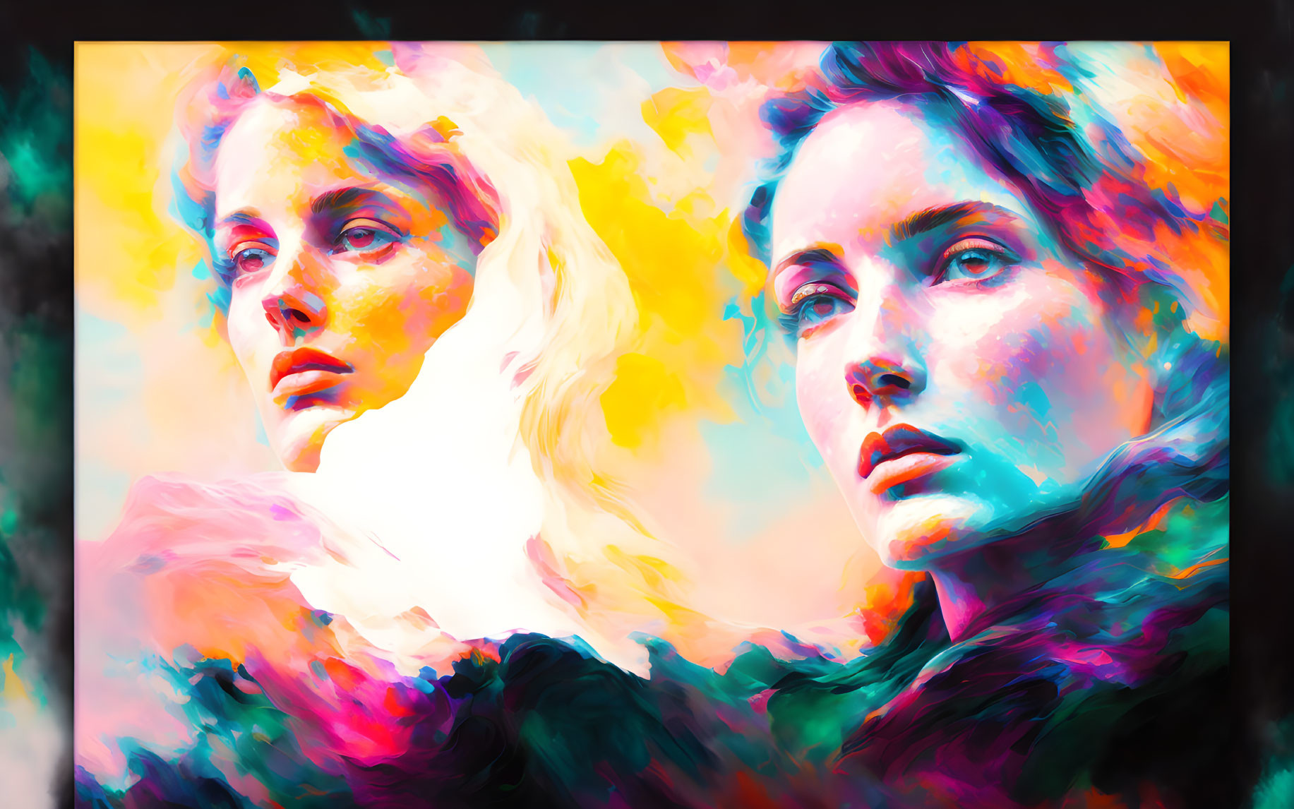 Colorful digital art featuring two women with expressive eyes in vibrant abstract swirl.