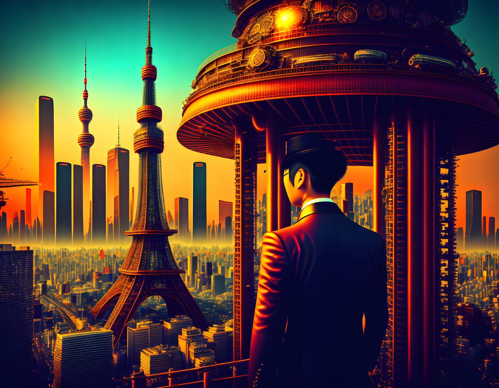 Businessman in suit gazes at futuristic cityscape with iconic structures at sunset