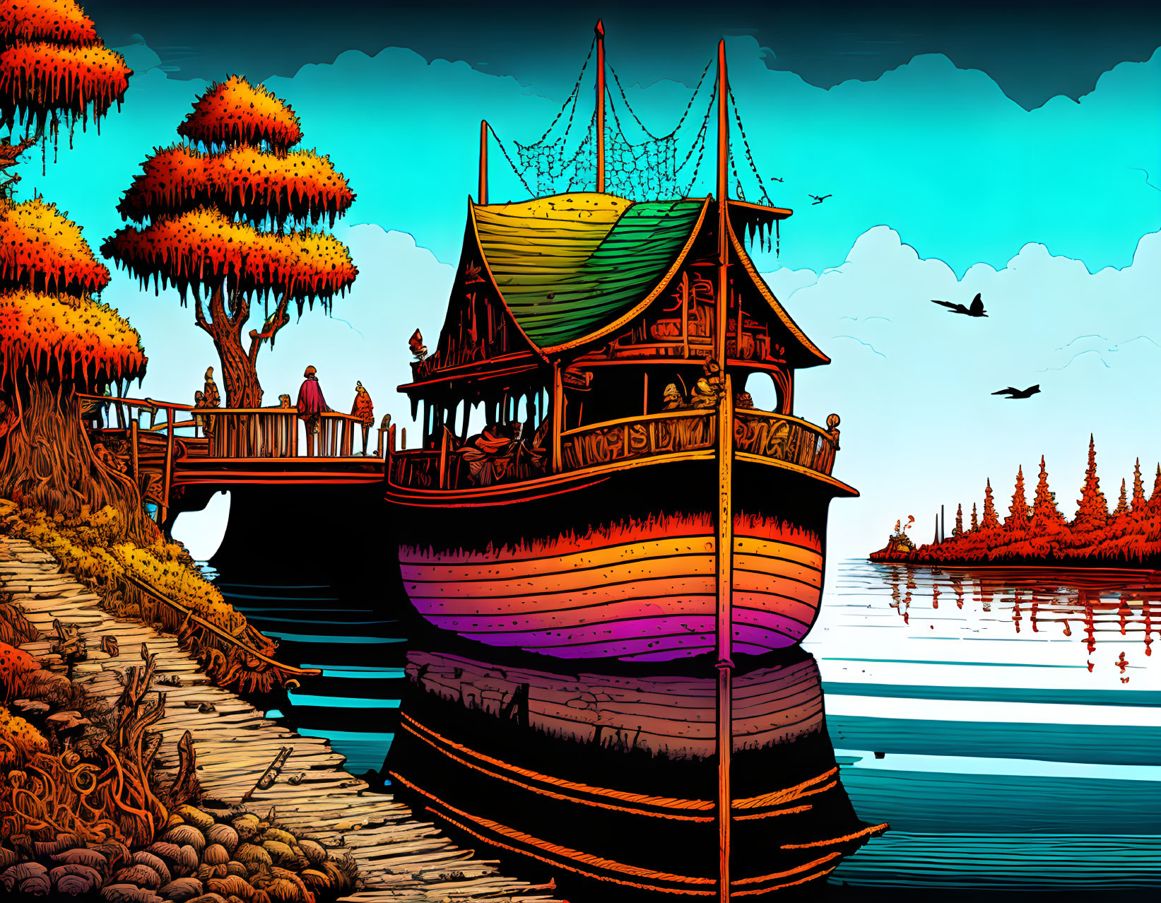 Colorful Wooden Ship Moored at Autumnal Dock with Figures by Serene Lake