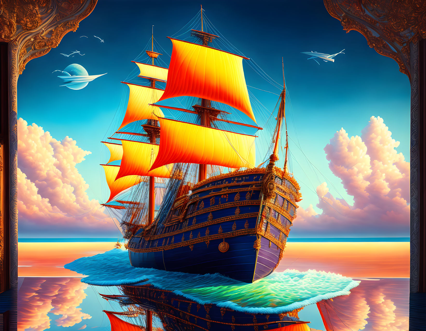 Digital artwork: Classic sailing ship with orange sails on reflective water, framed by ornate archways under