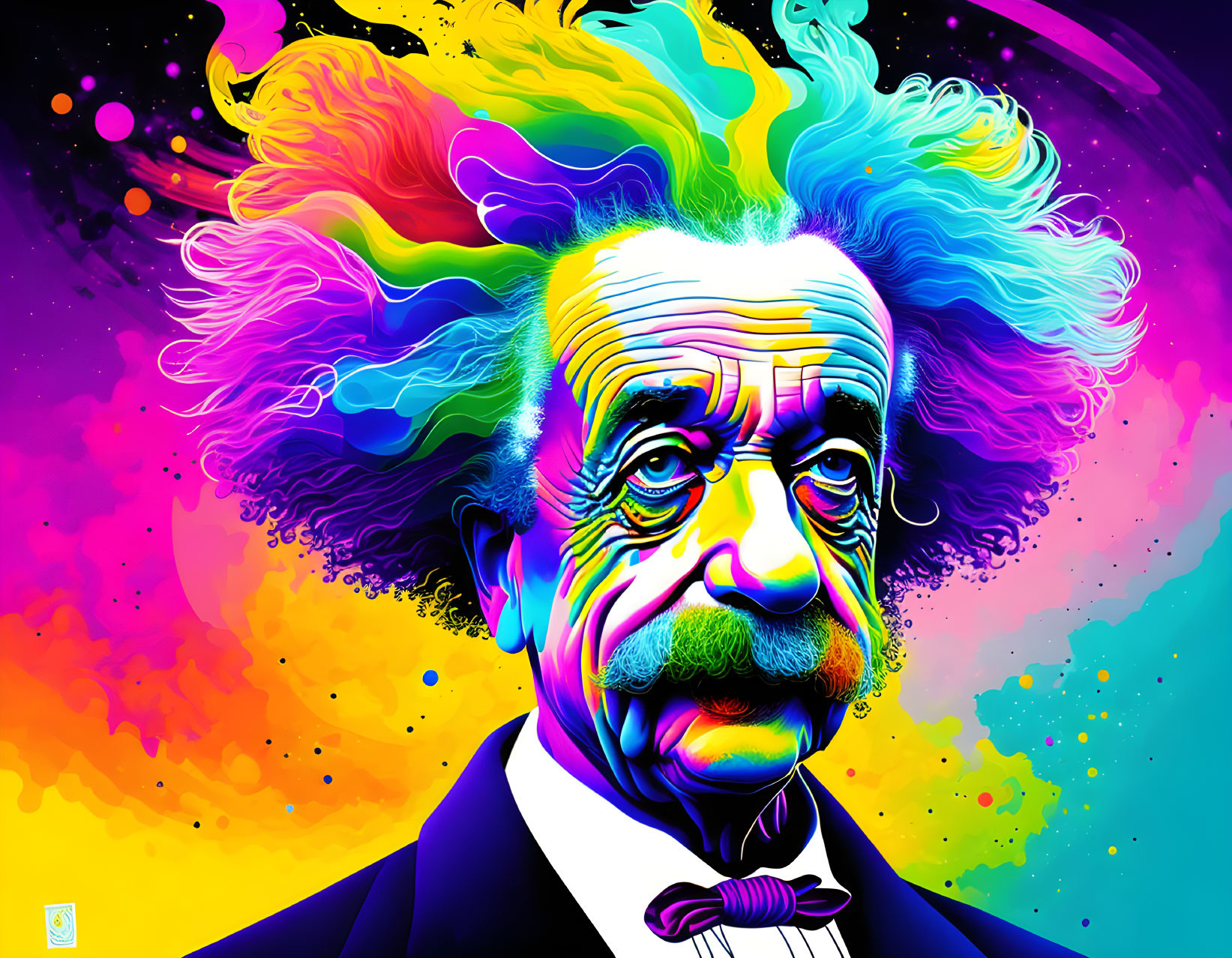 Vivid portrait of theoretical physicist with colorful hair on vibrant backdrop