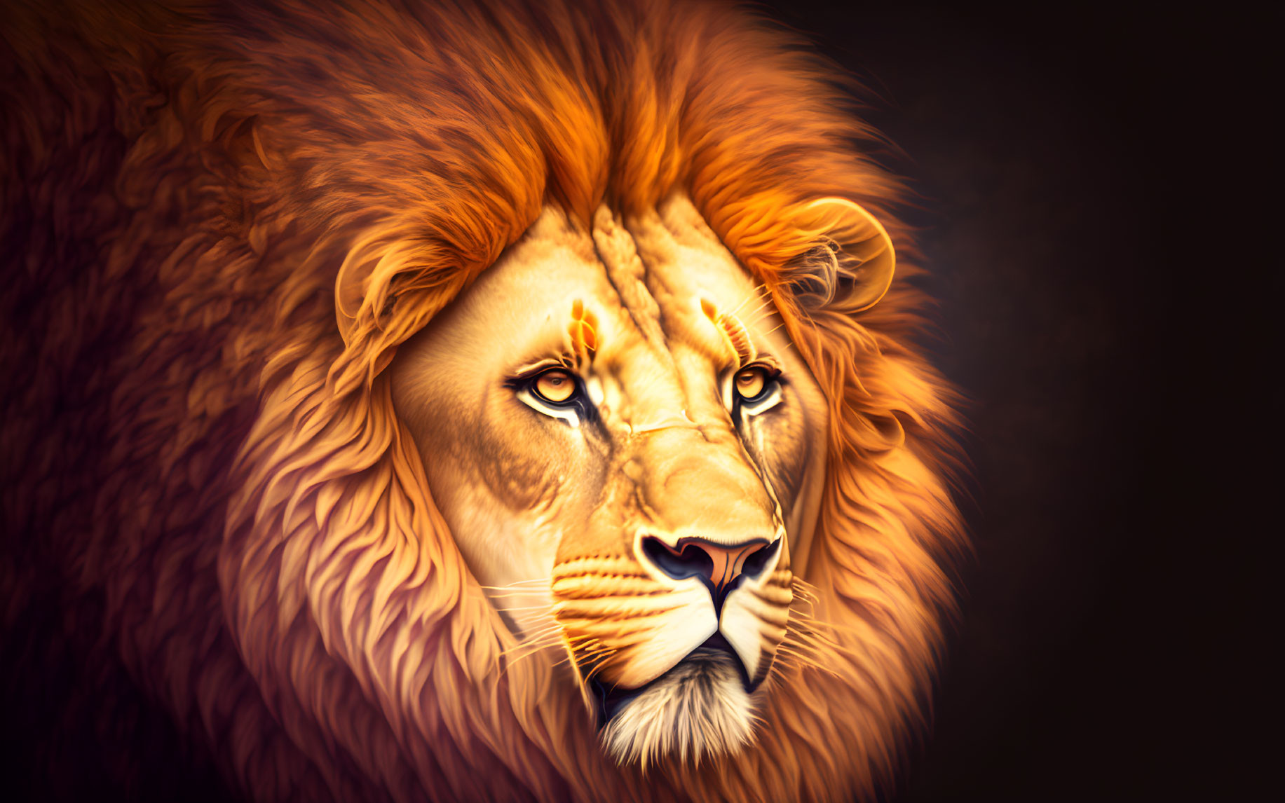 Realistic lion digital art: warm tones, prominent mane, dark background.