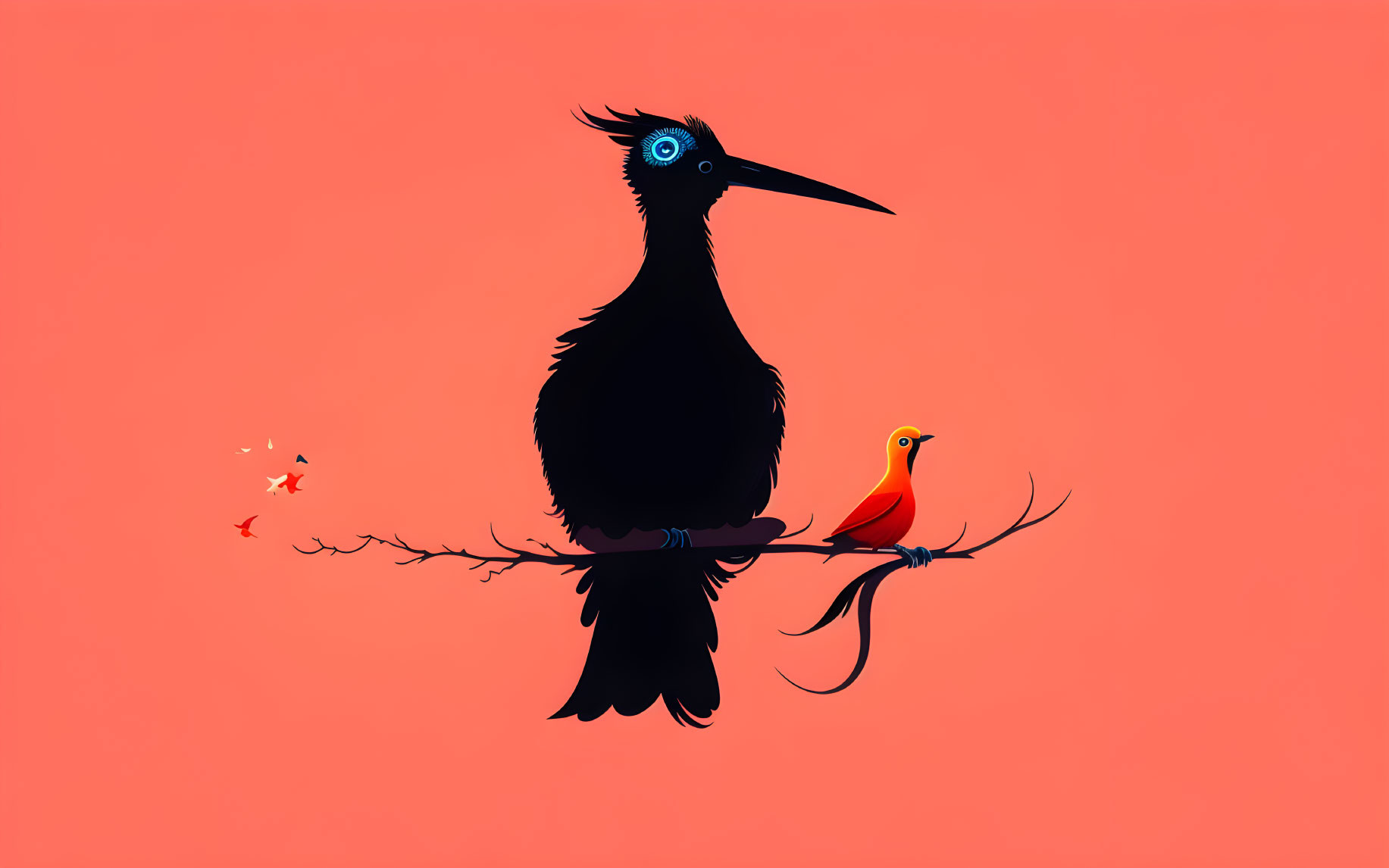 Stylized black and orange birds on branch with pink background