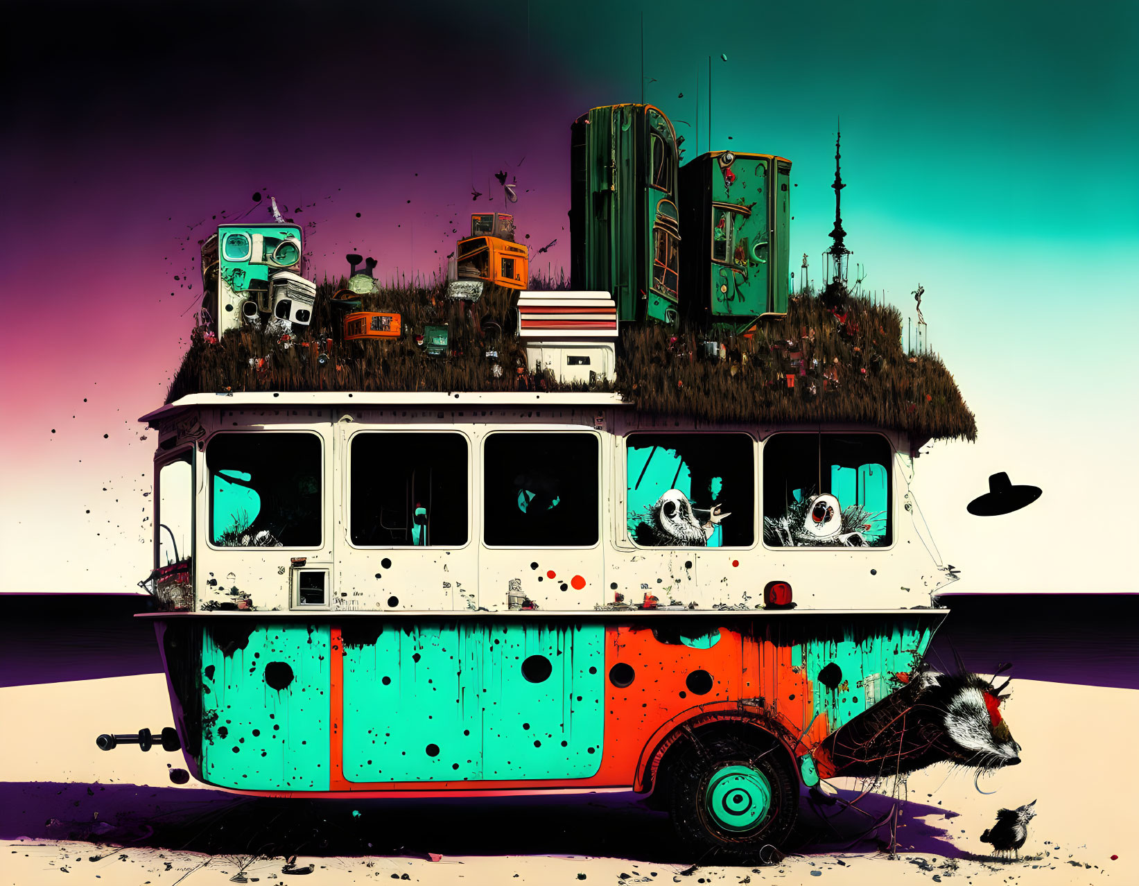 Colorful illustration: Bus turned into quirky houseboat with rooftop garden