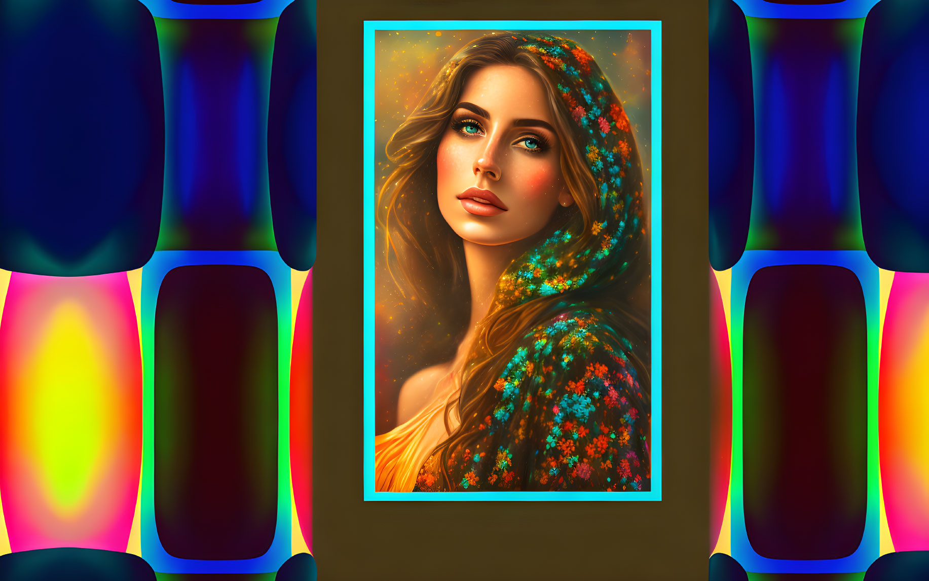 Colorful digital portrait of a woman in floral attire against cosmic backdrop