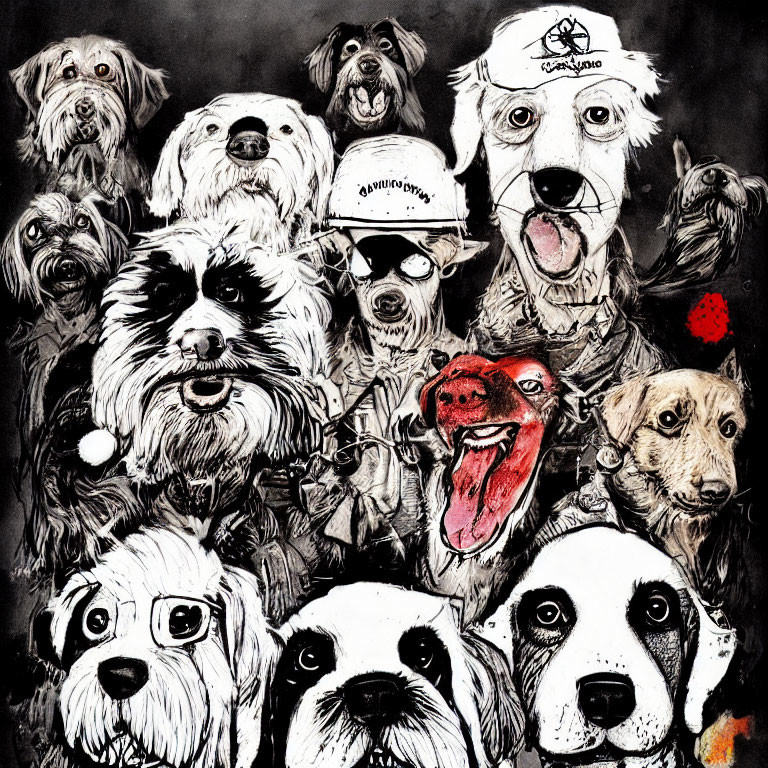 Monochrome illustration featuring expressive dog breeds with hats and playful expressions