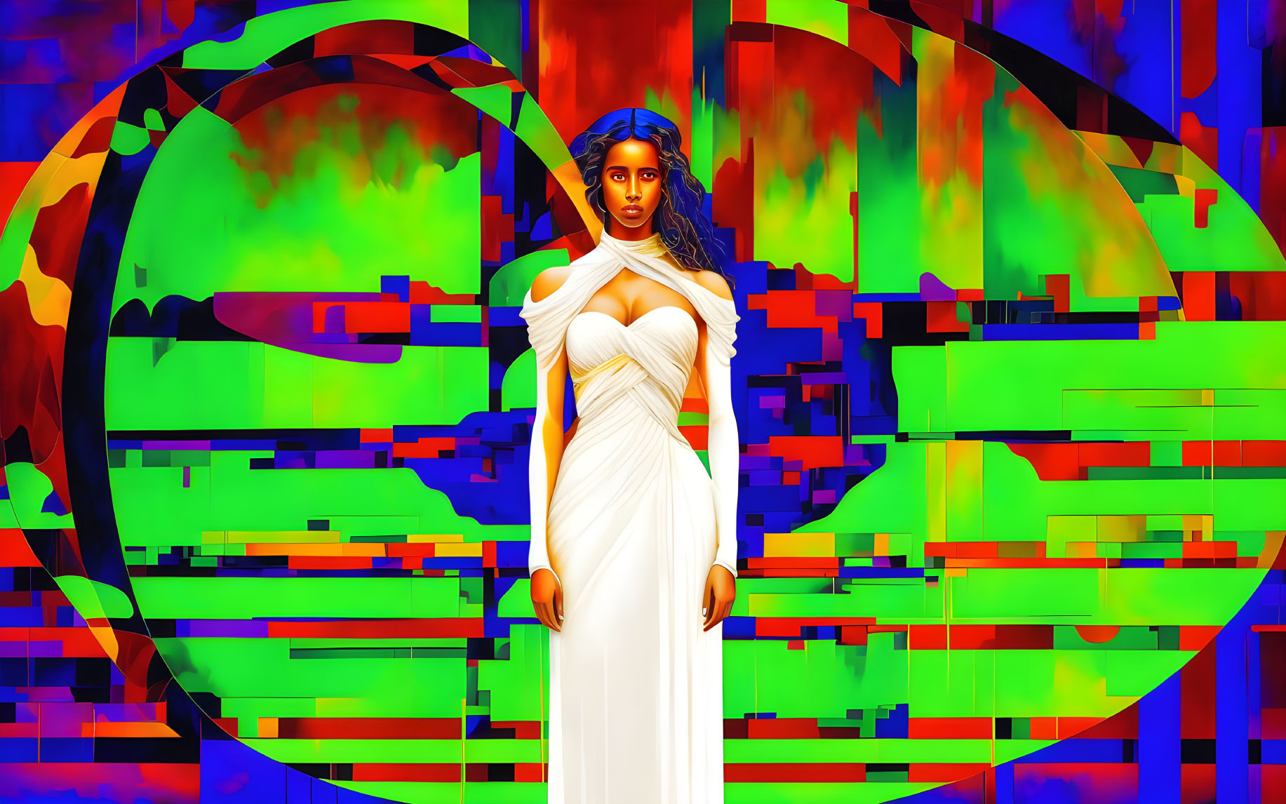 Woman in White Dress Against Vibrant Abstract Background