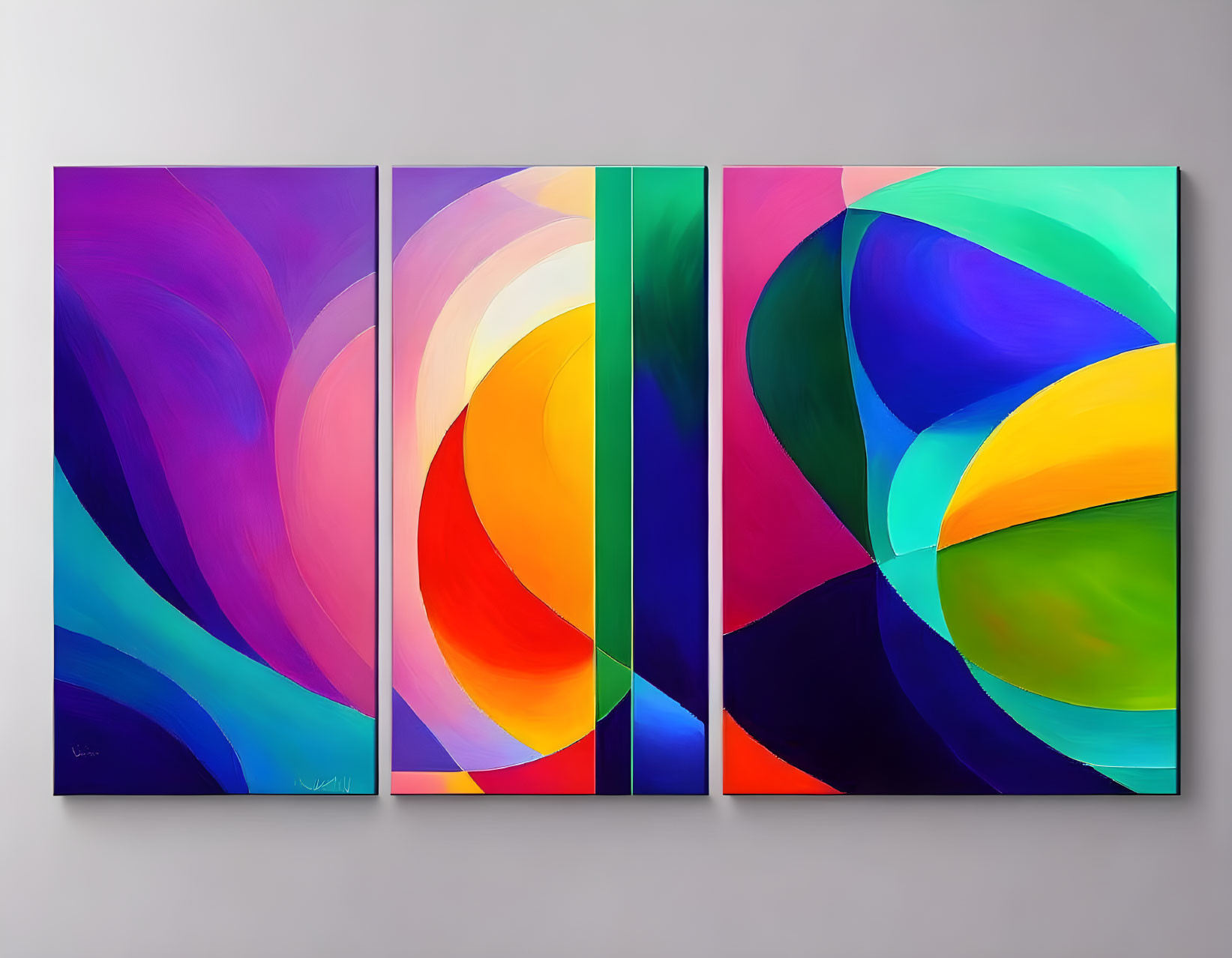 Vibrant Four-Panel Abstract Art: Flowing Shapes in Purple, Blue, Orange, Green