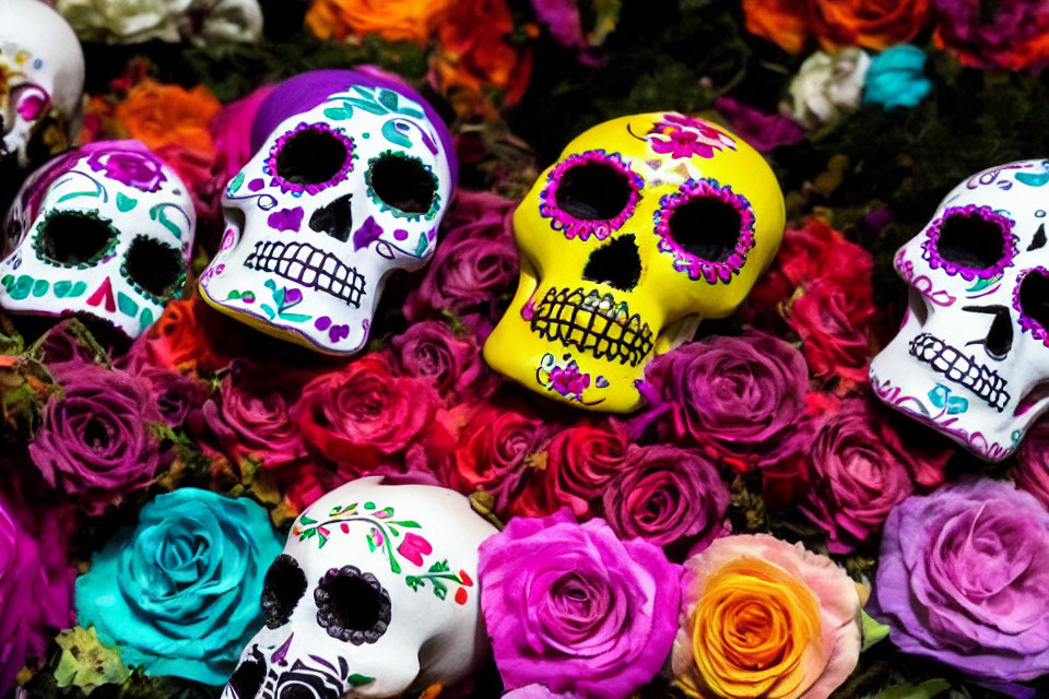 Colorful sugar skulls and artificial roses for Mexican Day of the Dead.