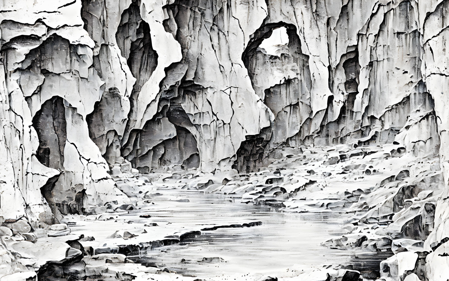 High-contrast black and white glacier with archway and crevasses