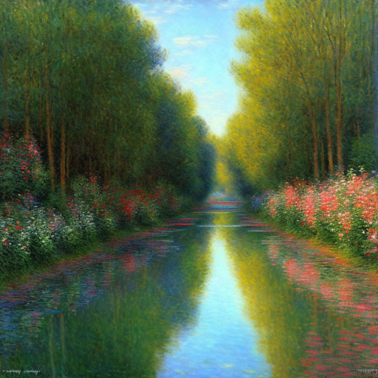 Tranquil river scene with lush trees and vibrant flowers at sunset