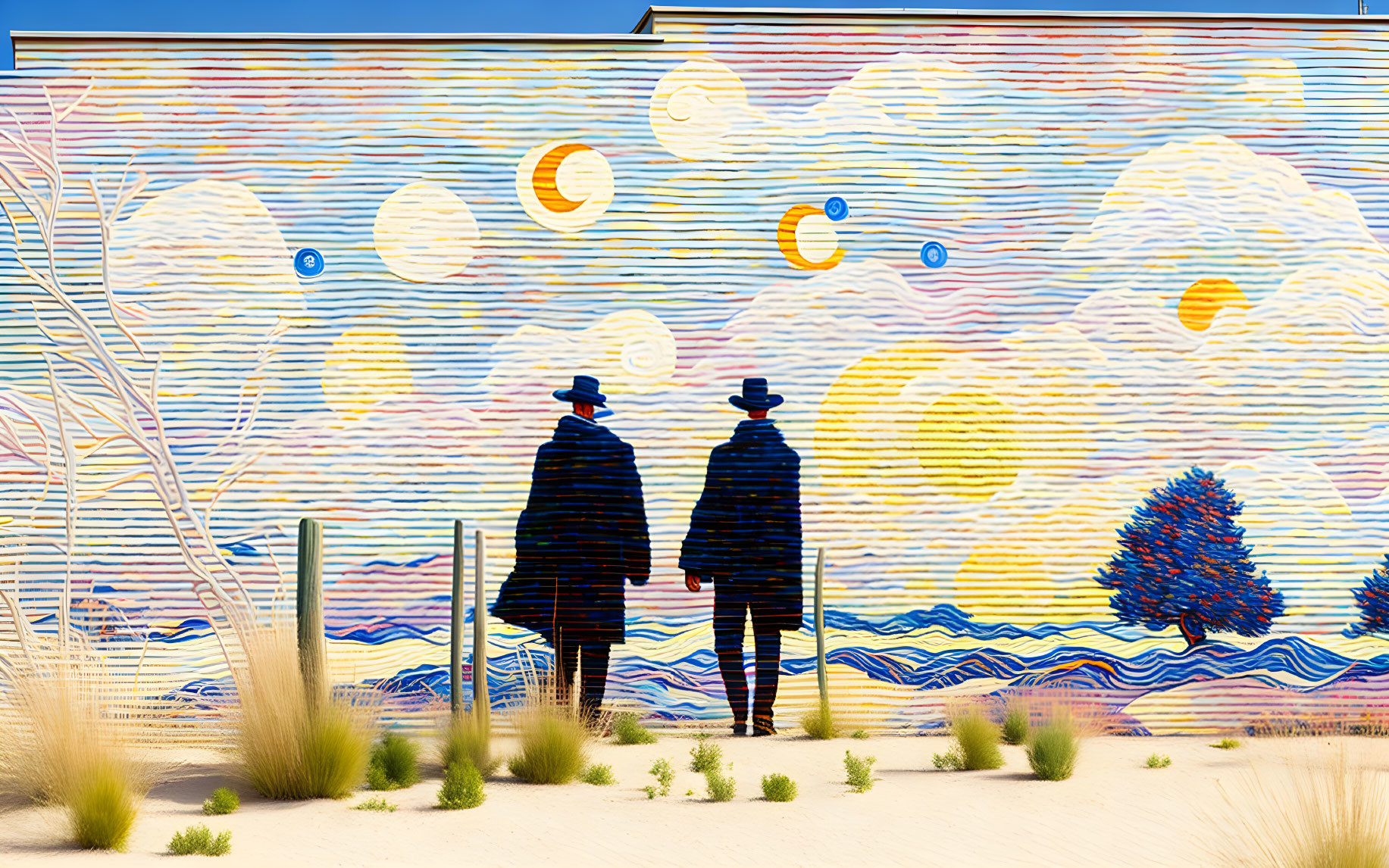 Silhouetted figures in hats before vibrant mural with wavy lines and circular motifs