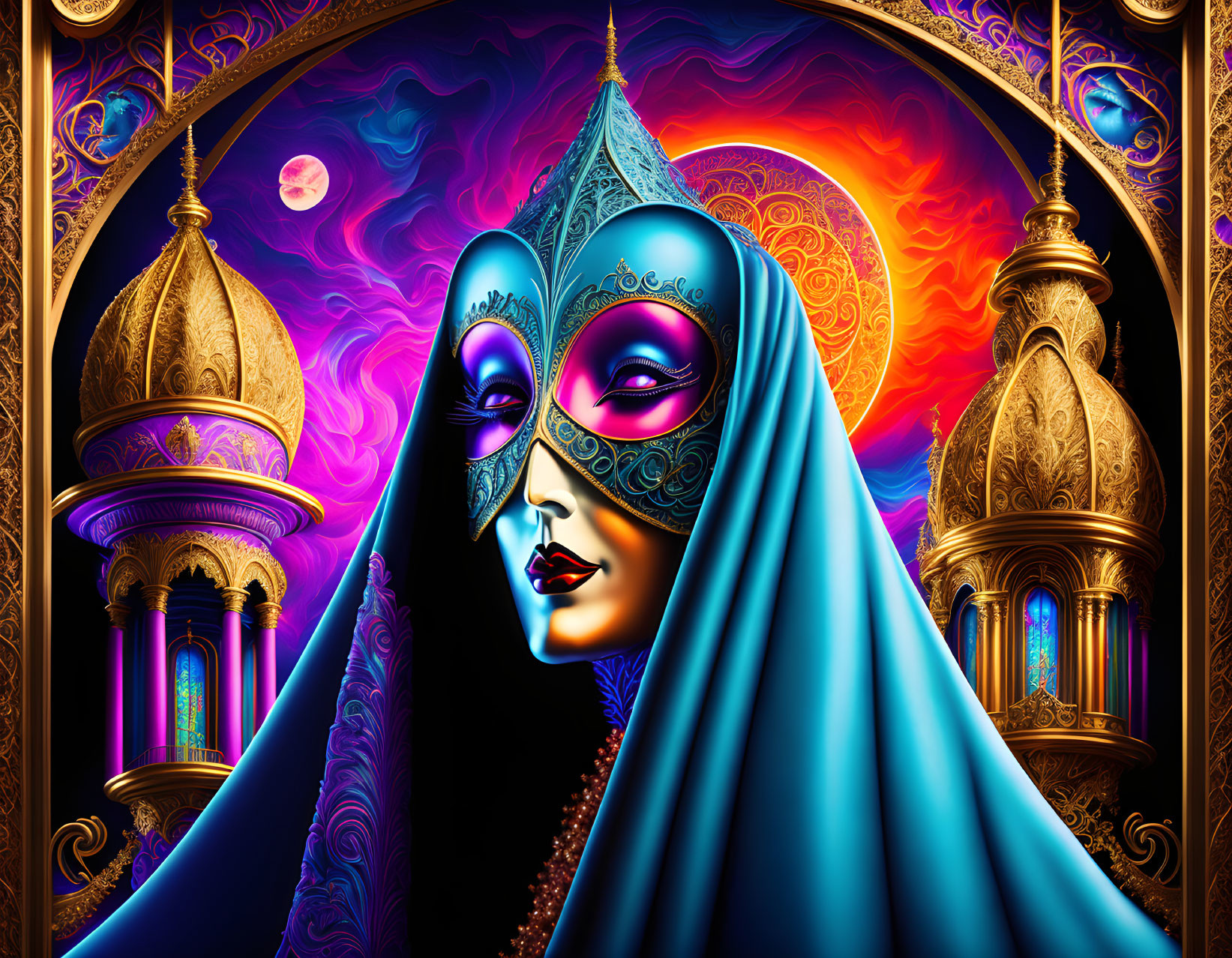 Colorful digital artwork: Veiled figure with ornate mask in mosque setting